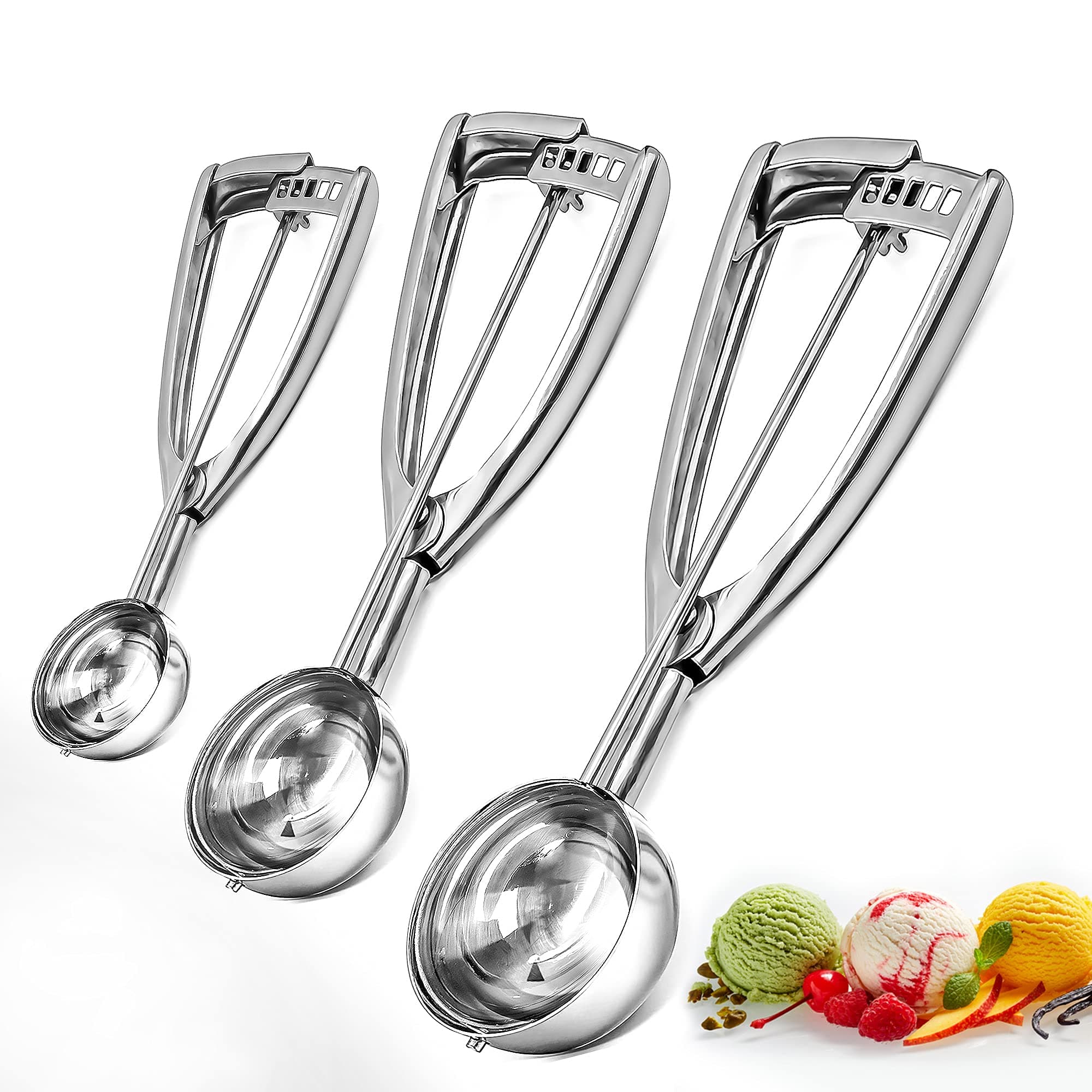 Ice Cream Scoops with Easy Trigger Set of 3 Large (6.3CM), Medium (5CM), Small (4CM) 304 Stainless Steel Ice Cream Scoop for Melon, Muffin, Sorbet, Cupcake, Meatball, and Cookie Dough