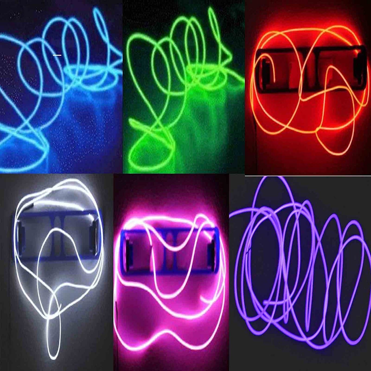 TDLTEK 6 Pack - Neon Glowing Strobing Electroluminescent Wire /El Wire(Blue, Green, Red, Pink, Purple, White) + 3 Modes Battery Controllers