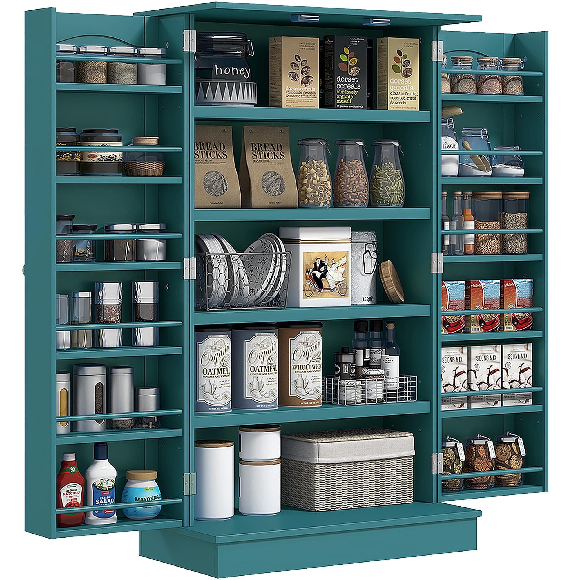 HOMCOM 41" Kitchen Pantry Storage Cabinet, Freestanding Kitchen Cabinet with 12 Door Shelves, Double Doors, 5-Tier Shelving and Adjustable Shelves, Blue