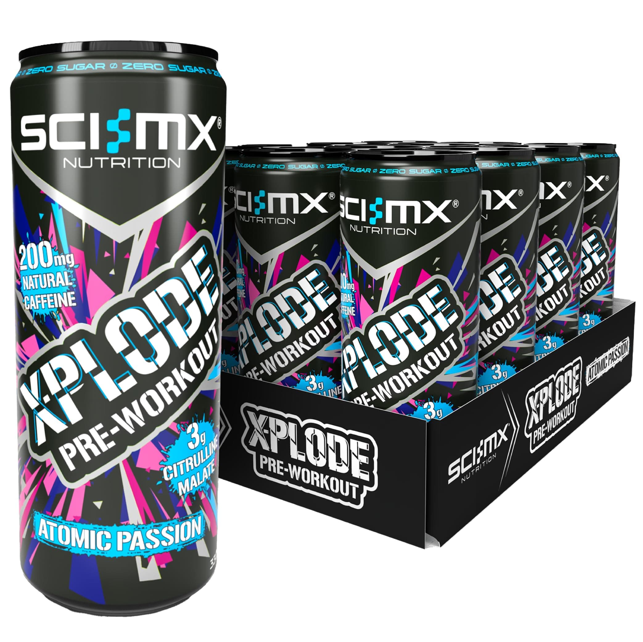 SCI-MX X-PLODE Pre-Workout Energy Drink - Sour Watermelon Flavour - 330ml x 12 - 200mg Natural Caffeine, 3000mg Citrulline Malate, Vitamin B3, B6 + B12 - 24kcal/serving - Suitable for Vegans