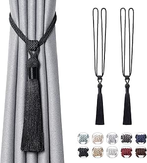 Pretty Jolly 2 Pack Long Tassel Curtain Tiebacks Handmade Braided Rope Knot Drape Tie Backs European Style Decorative Curtain Holdbacks for Home & Office Window Drapery (Black)