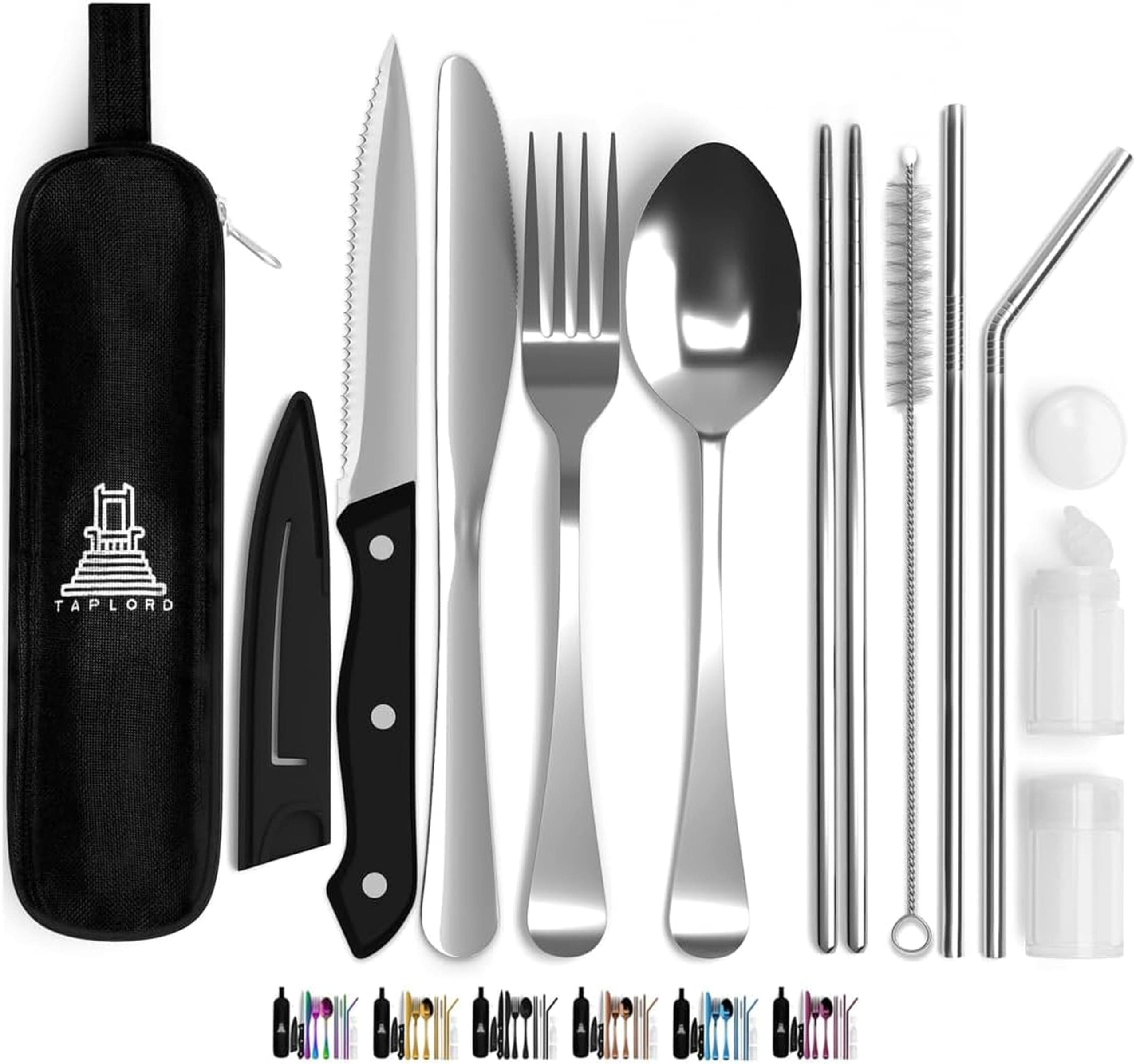 Portable Travel Silverware Set With Case, Includes 9 Pcs of Travel Utensils With Case, Stainless Steel Flatware Set For Camping, Easy to Travel, Lightweight (Silver), TL-01SLBL