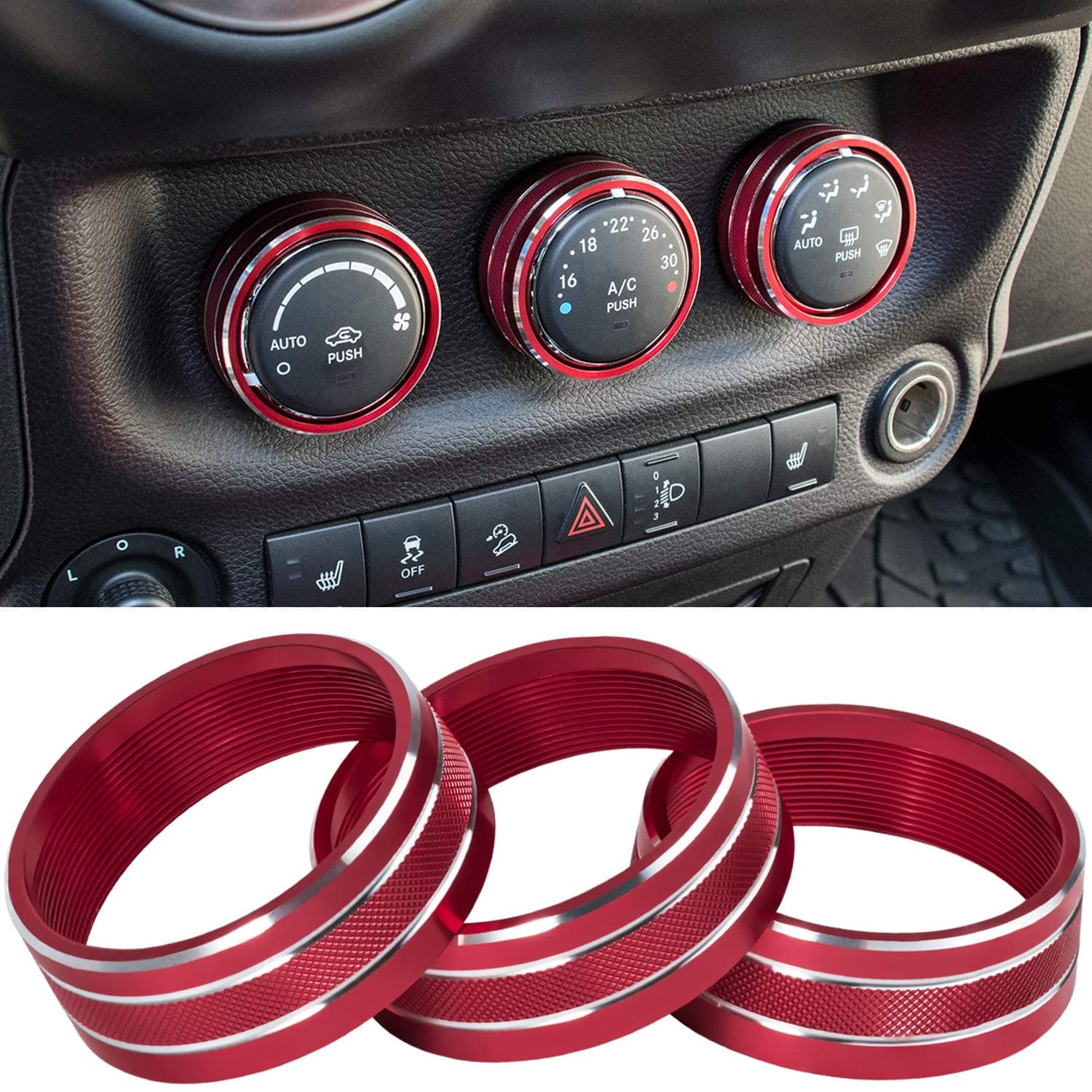 Audio Air Conditioning Button Cover Decoration Twist Switch Ring Trim for Jeep Wrangler JK JKU Patriot 2011-2018, Compass 11-16, Liberty 08-12, Dodge Challenger 08-14 Interior Accessories (Red 3PCS)