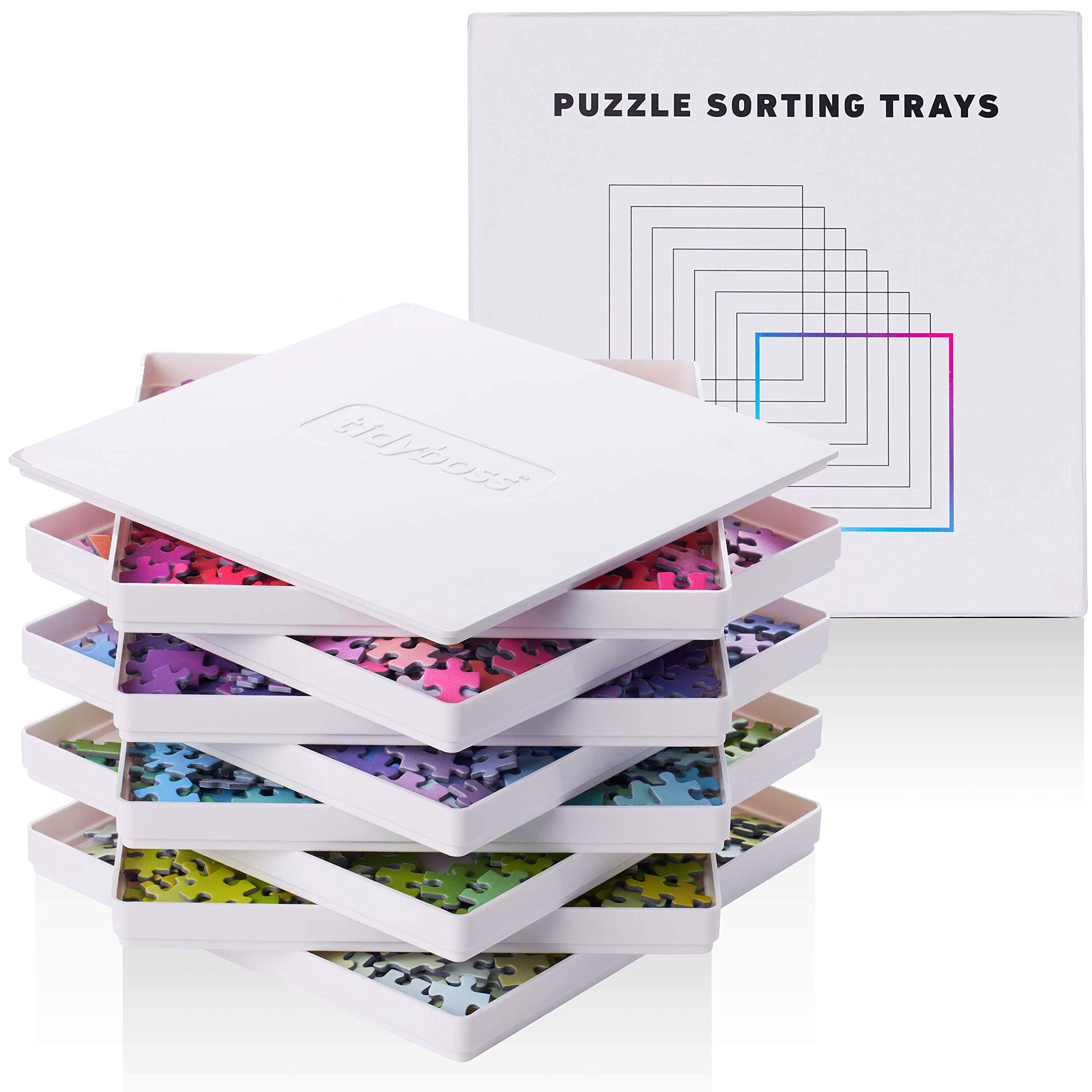 Tidyboss 8 Puzzle Sorting Tray with Lid 10" x 10" - Portable Jigsaw Puzzle Accessory White Background Stands Out Pieces Classification Patterns Shapes and Colors | Puzzles from 1500 to 2000 Pieces