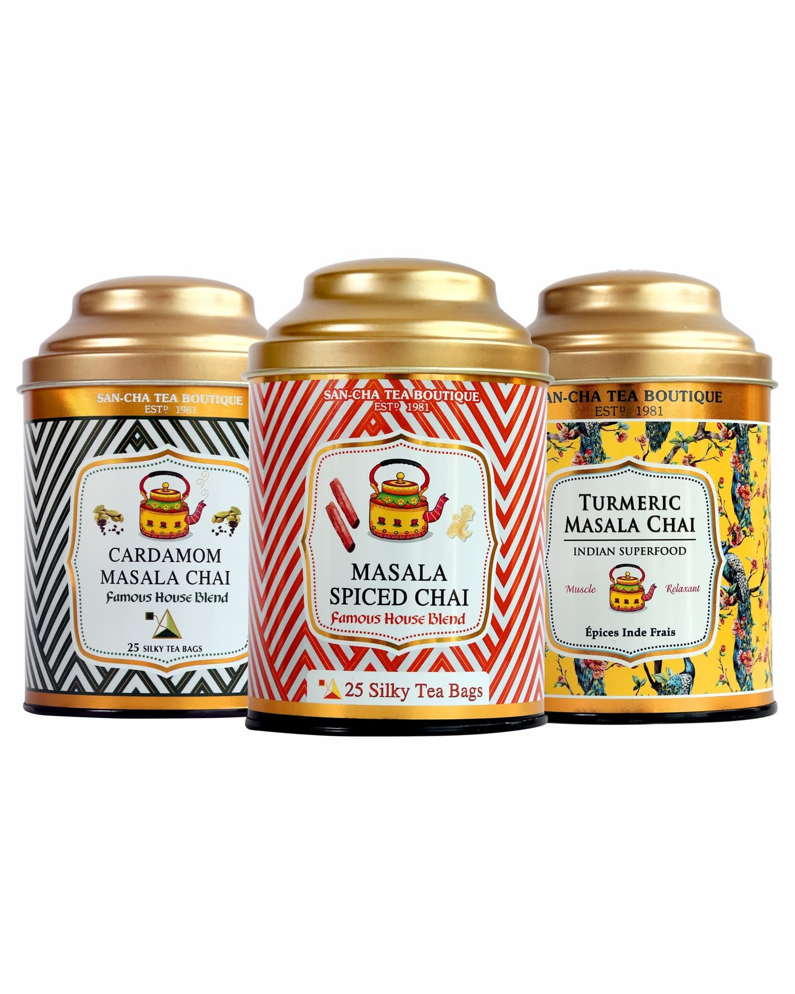 SAN-CHA Masala Chai Tea Bundle, Value Pack, 50 Pyramid Tea Bags & 100gm Whole Leaf Tea, Turmeric Superfood Chai, Masala Chai & Cardamom Chai, 100% Biodegradable Tea Bags