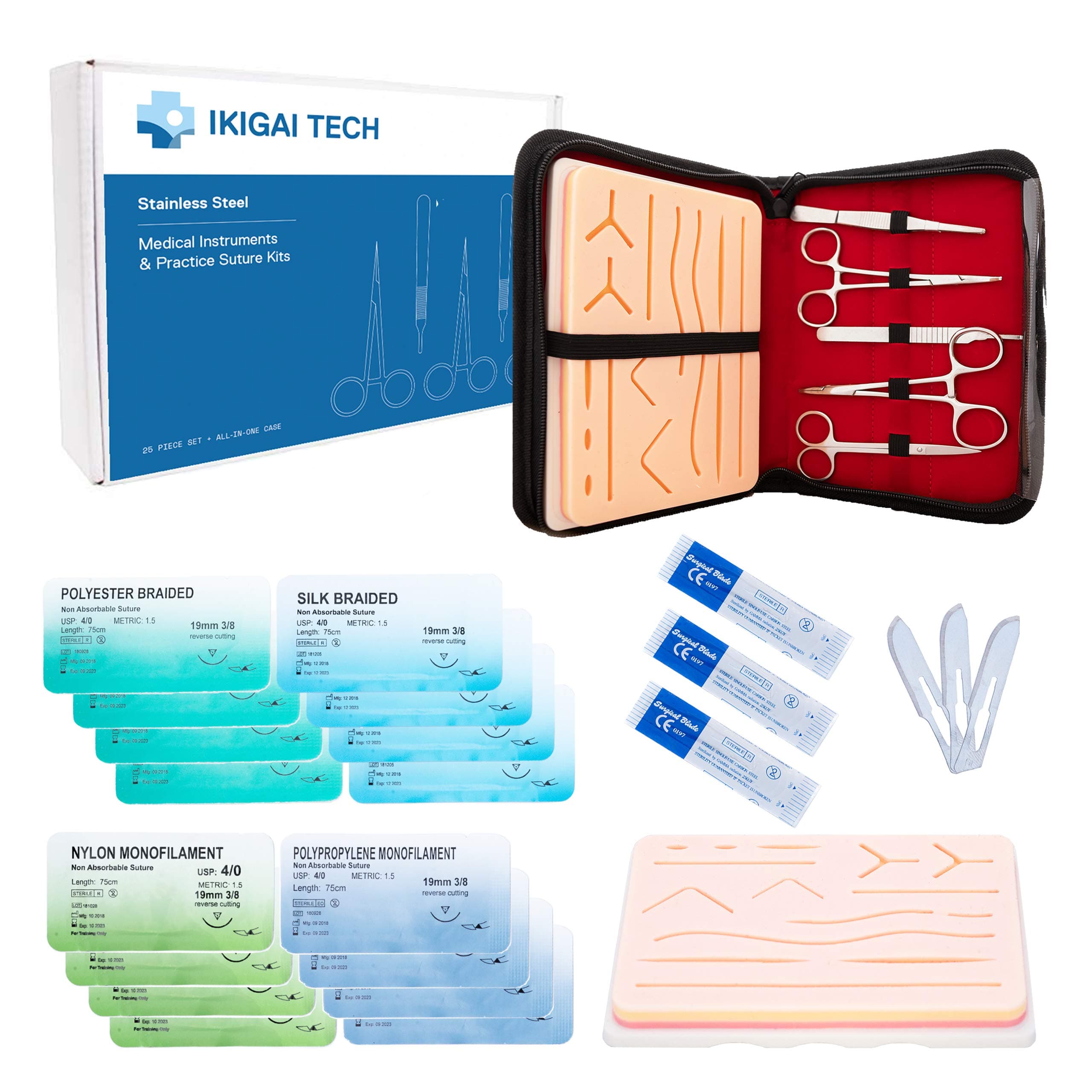 Suture Practice Kit for Training, Advance Suture Pad with Pre-Cut Wounds, Suturing tools, 4 Types Thread and Storage Case; Medical, Dental, Nursing,Veterinary Students. Demonstration & Educational Use