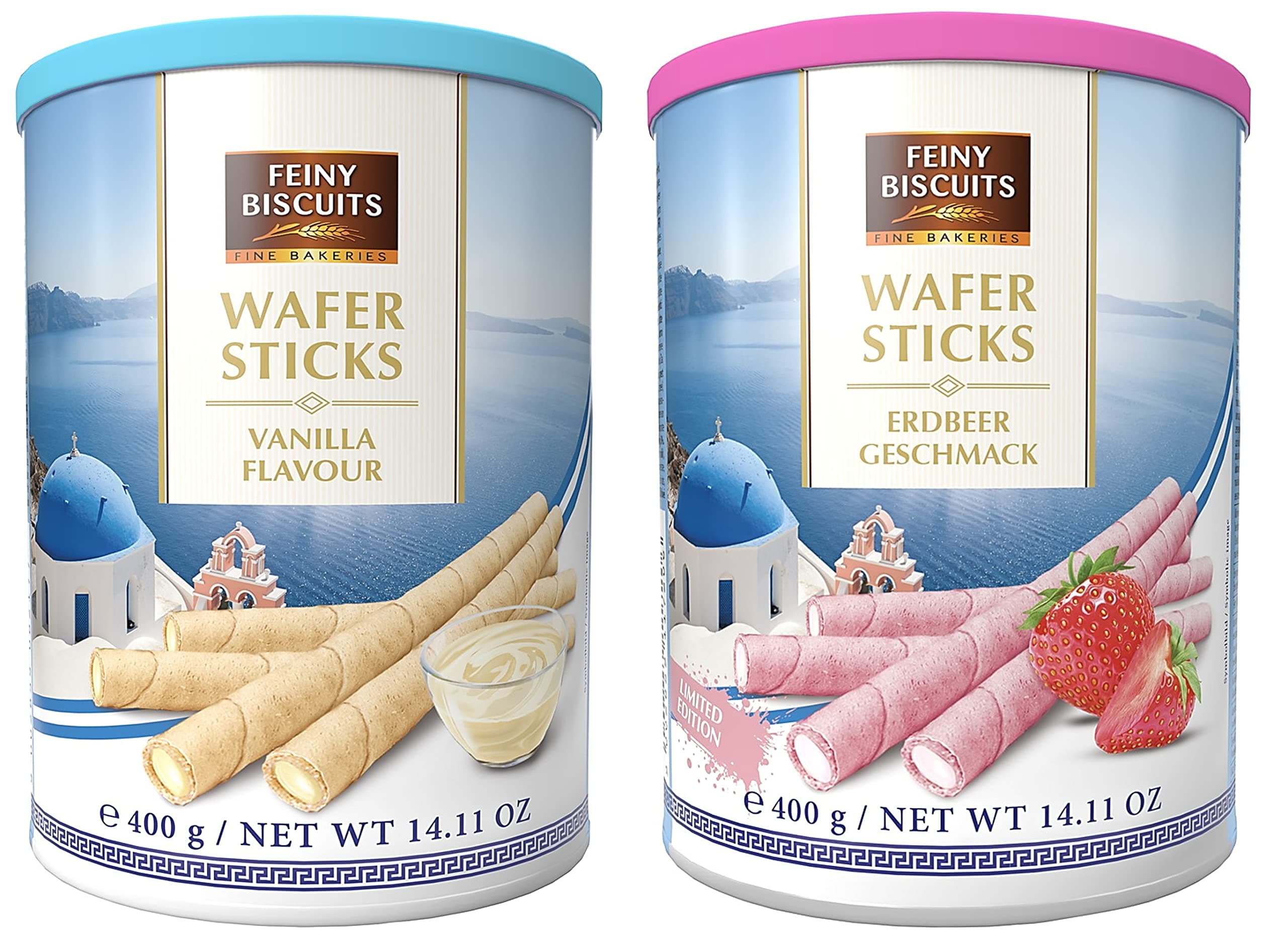 2 Pack Wafer Rolls Selection (400g x 2) - Strawberry flavoured cream Wafer Rolls 400g + Vanilla flavoured cream Wafer Rolls 400g