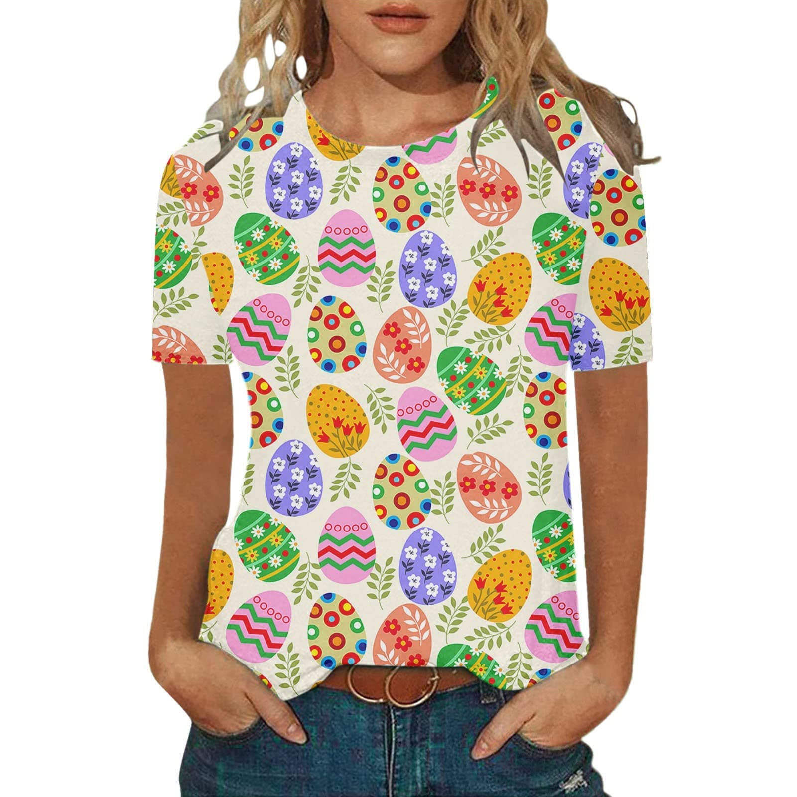 Easter Day Shirts Womens Bunny Eggs Plaid Leopard Printed T-Shirt Short Sleeve Graphic Tees Tops