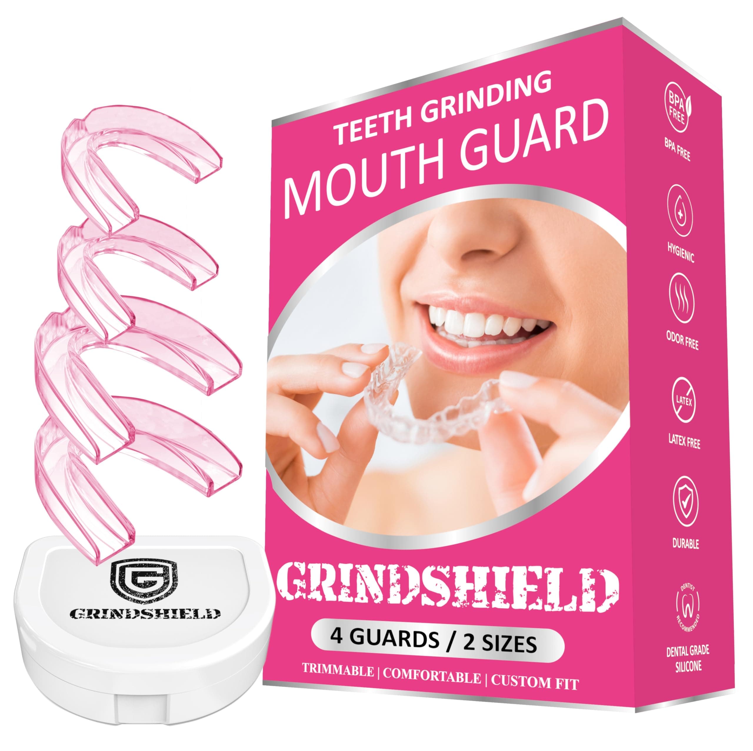 GRINDSHIELD Mouth Guard for Teeth Grinding – 2 Sizes, Custom Fit, Non-Bulky, Moldable – (4) Mouth Guards for Teeth Clenching & Case – Mouth Nightguard for Bruxism at Night, Dental Guard