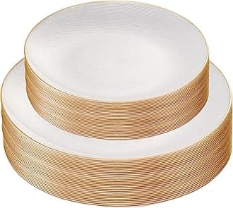 PLASTICPRO 96 Pieces Elegant Plastic Plates for Party Pearl with Gold Rim Includes 7" inch and 10" inch Fancy Plastic Plates Disposable Dinnerware