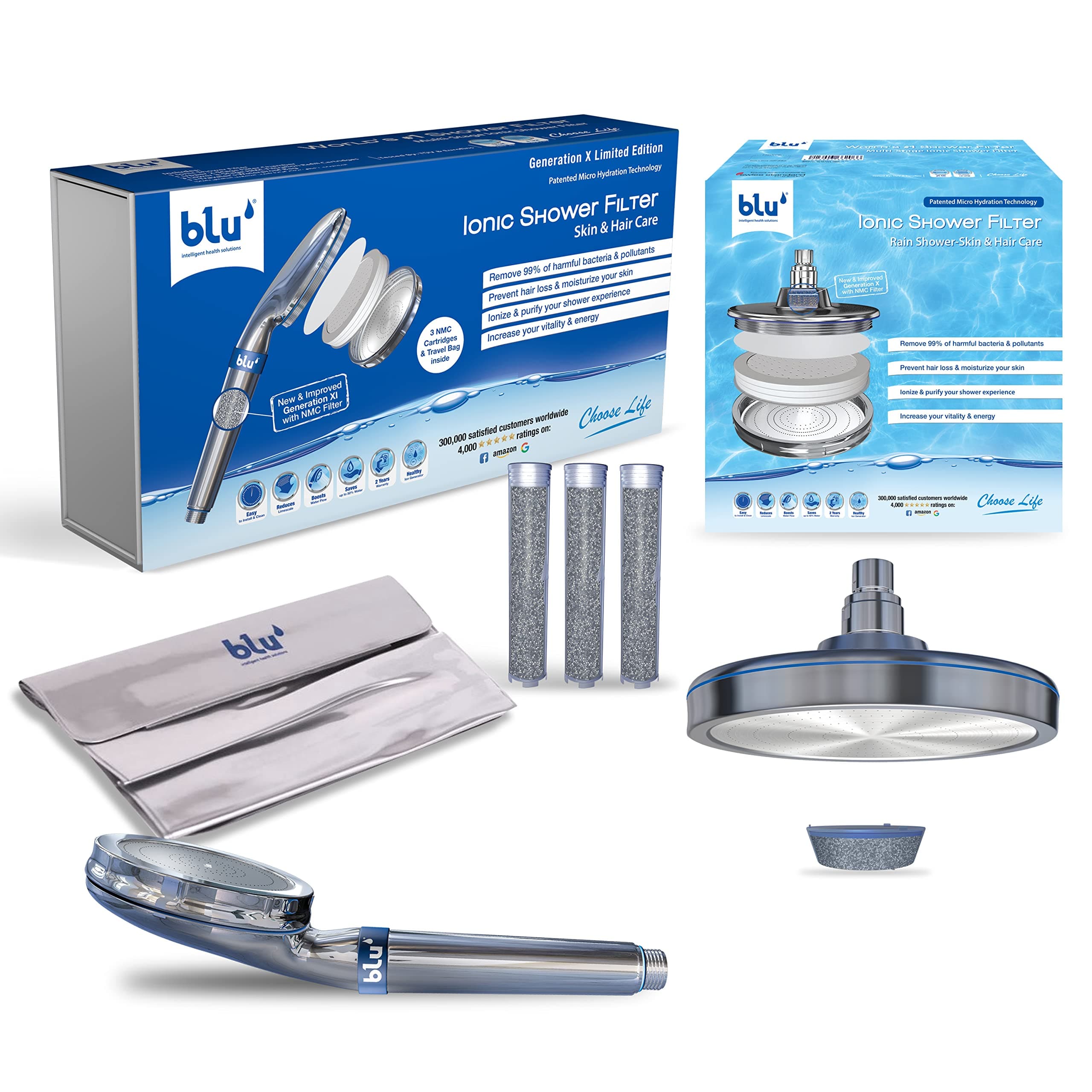 blu Ionic Shower Head & Filter - Handheld + Rain Shower Bundle - Removes Chlorine & Harmful Pollutants - Skin & Haircare - Chrome