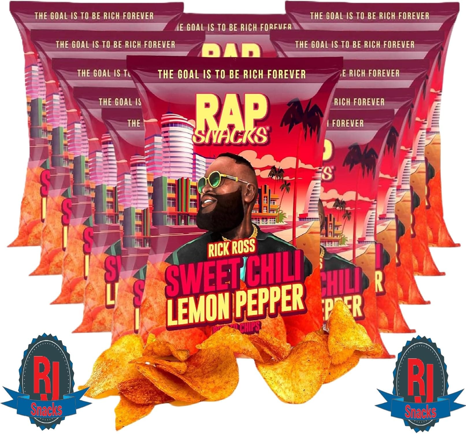 Rap ` Snacks Potato Chips 5 oz (Curated by RJ Snacks Value Pack) (Pack of 12, Rick Ross Sweet Chili Lemon Pepper)