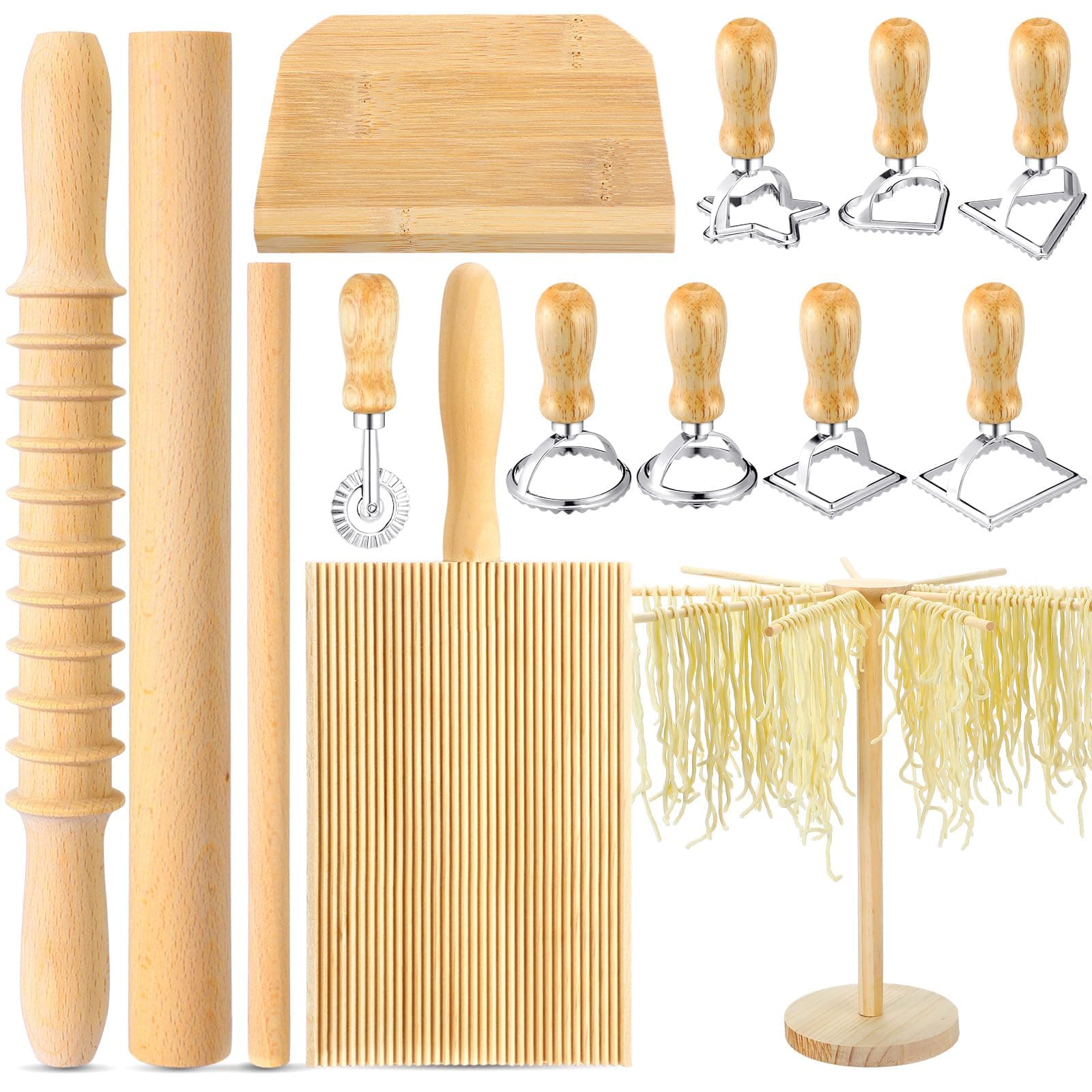 Suclain 14 Pcs Pasta Making Tool Set Includes Wooden Cutter Dough Scraper Rolling Pin Pasta Drying Rack Gnocchi Board Wood with Roller 8 Ravioli Stamp Maker Cutter for Kitchen Noodle (Classic)