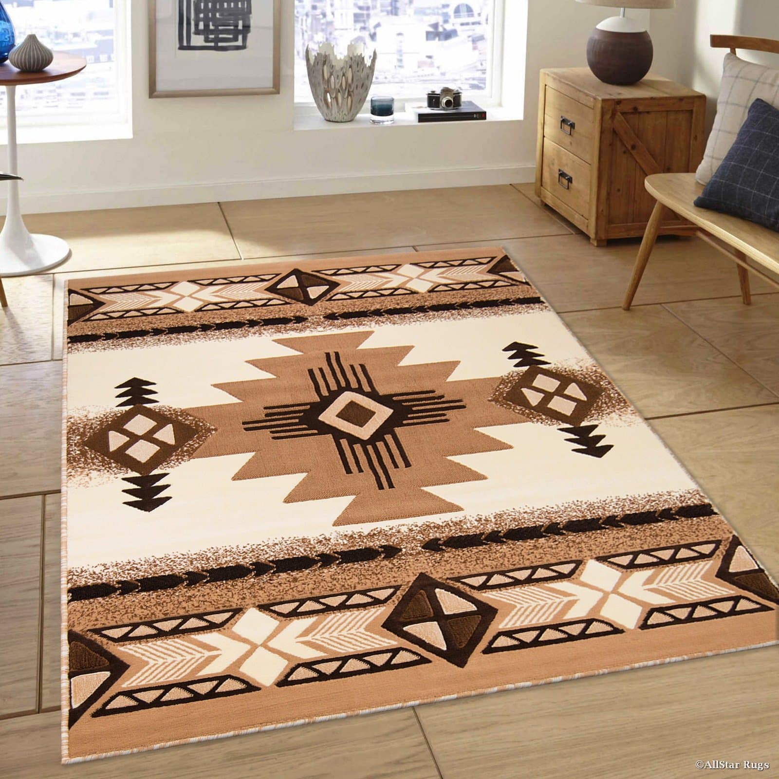 Allstar 5x7 Ivory and Mocha Navajo Machine Carved Effect Rectangular Accent Rug with Espresso and Chocolate Geometric Design (5' 2" x7' 1")