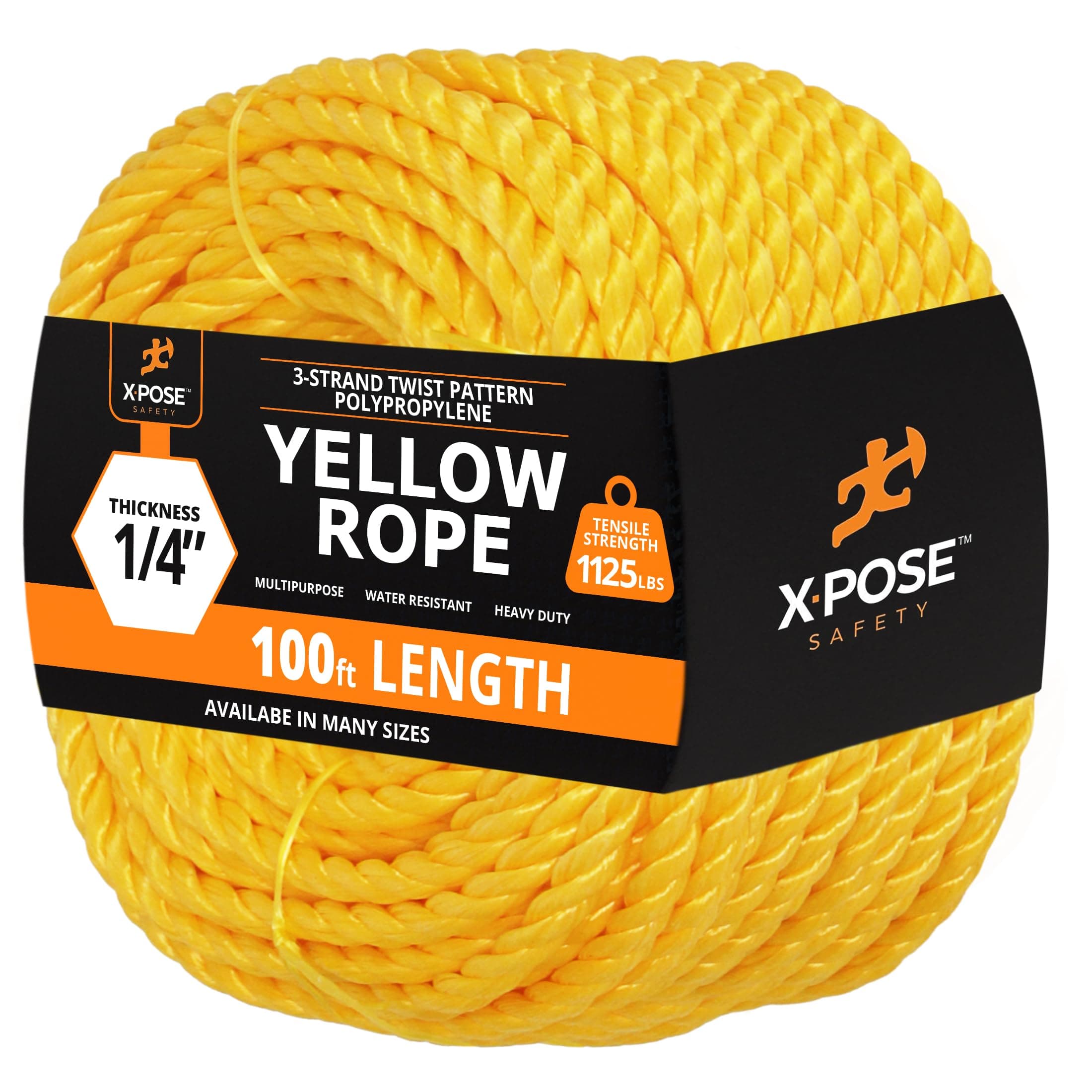 Yellow Twisted Polypropylene Rope, 1/4" Thickness x 100' Length Heavy Duty Poly Ropes for Outdoor and Marine Use, Yellow Rope for Visibility & Safety