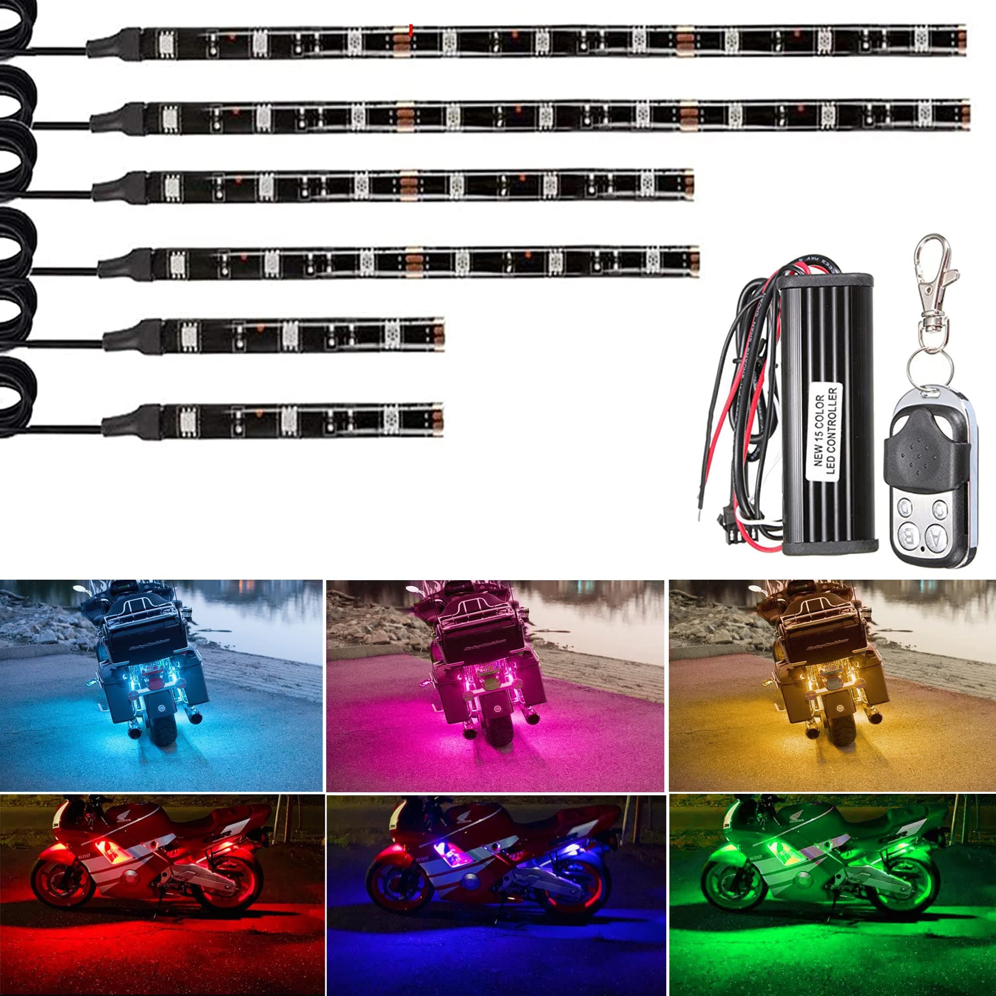 6Pcs Motorcycle Led Light Kits Strips Wireless RF Remote Control Waterproof RGB Multi-Color Neon Accent Glow Ground Effect Atmosphere Underglow Lights for Motocycle Golf Cart ATV