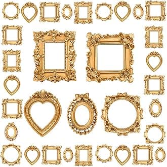 Vicenpal 50 Pcs Vintage Mini Picture Frames Baroque Antique Small Resin Jewelry Display Table Frame for Christmas DIY Photo Holiday Party Decoration (Gold)