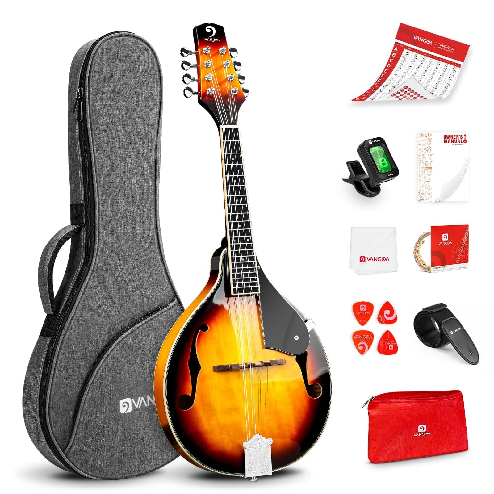 Vangoa A Style Acoustic Mandolin Kit, 8 String Instrument for Professional Beginners Adults Teens Youth Kids, Sunburst, Glossy