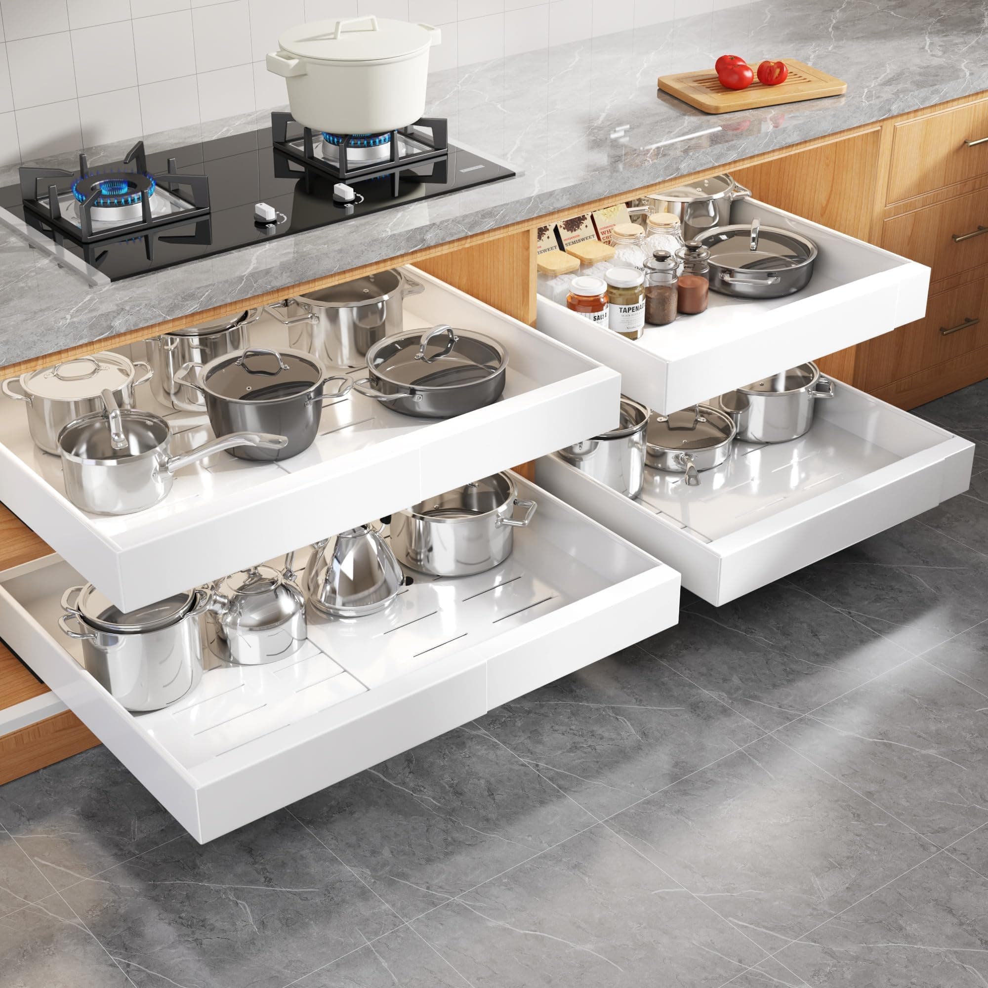 4 Pack Expandable Pull Out Cabinet Organizer 21"Deep With Raising Pad for Framed Cabinets,Upgrade 3 Slide Rails Slide Out Drawers,Roll Out Shelves Adhesive,Adjustable Width 15.15"-26.3" White