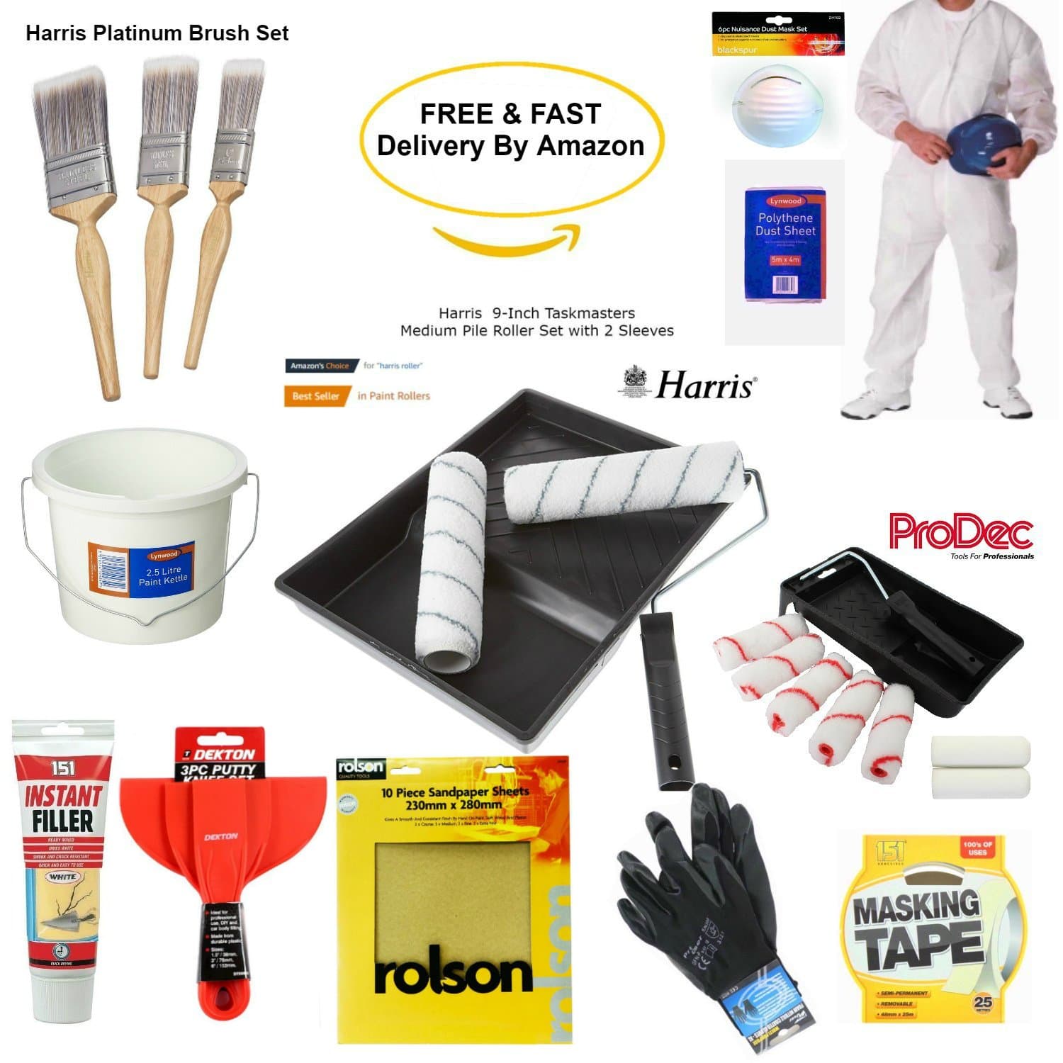 Painting Tools & Decorating Tools, Paint Rollers And Tray Set, Harris Platinum 3 Piece Brush Set, Mini Roller Set With 5 x Emulsion & 2 Gloss Sleeves, Painting Gloves, Large Dust Sheet, Paint Kettle, Sandpaper, Overalls, Dust-mask, Filler & Scraper