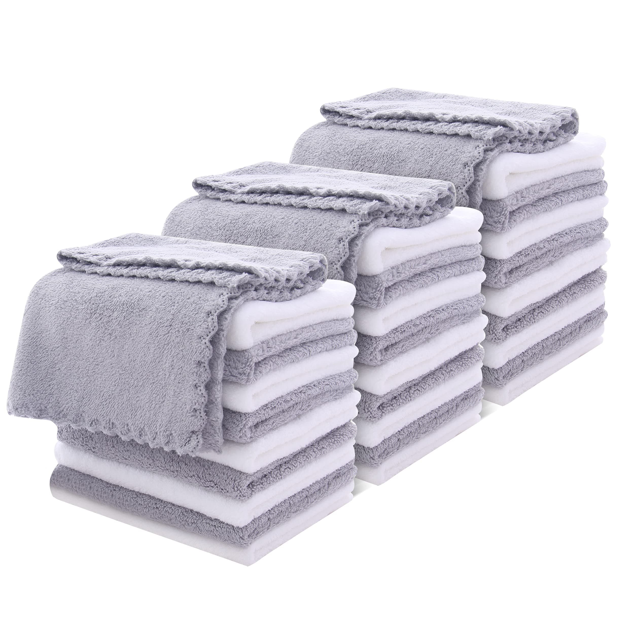 MOONQUEEN 30 Pack Microfiber Face Towel - Premium Soft Makeup Remover Cloths (White-Grey, 30 Pack)