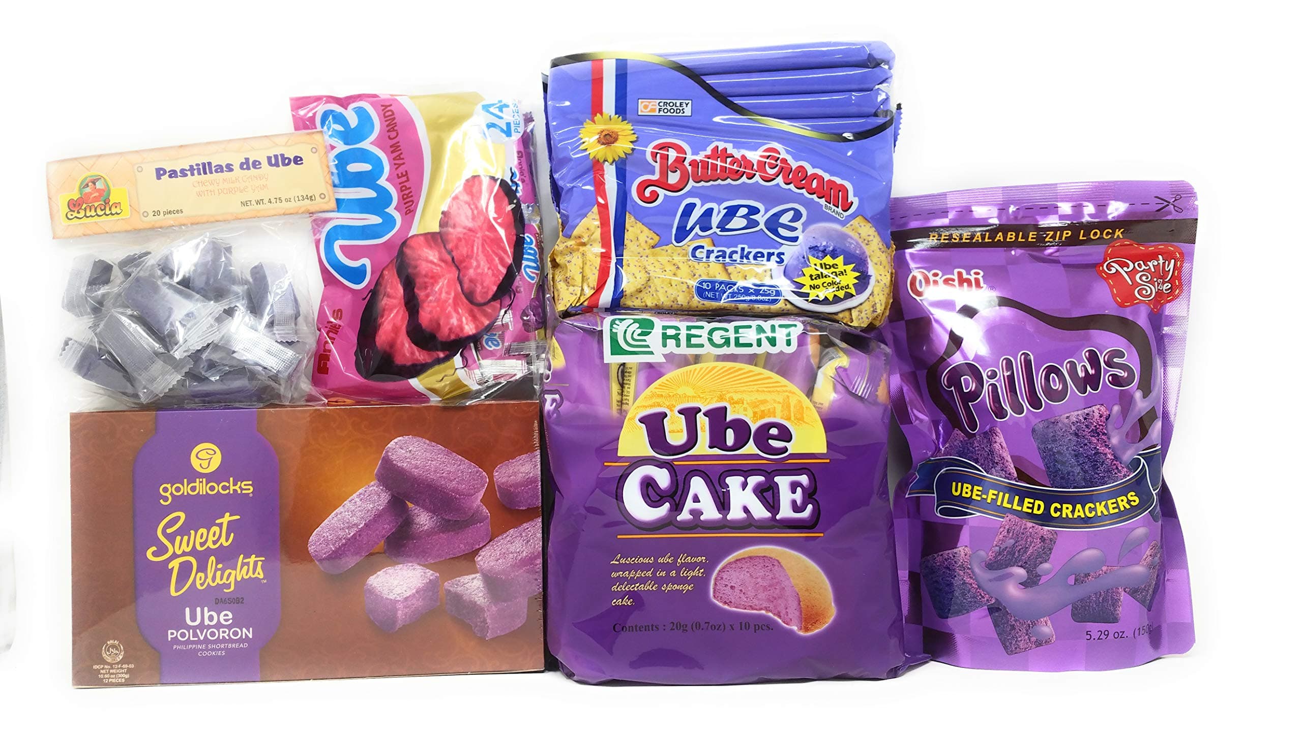 Filipino Snacks Bundle, Ube – Includes Ube Snacks from Goldilocks Polvoron, Oishi Pillows, Regent Ube Cakes, Annies Ube Purple Yam Candy, and More