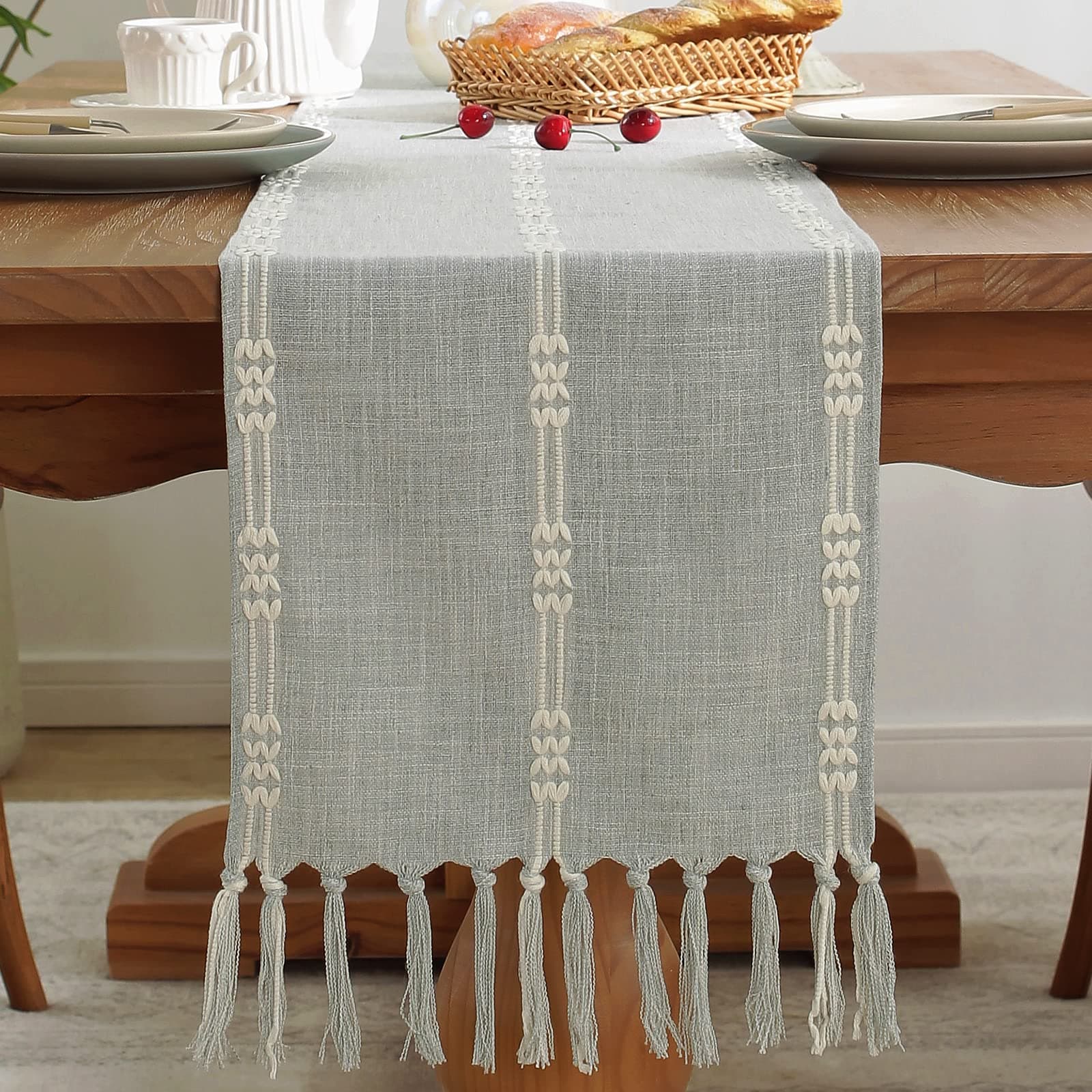 Table Runner,TEWENE Table Runners 72 inches Long Linen Table Runner Wrinkle Free Boho Table Runner Fall Table Runner for Dresser, Coffee Table,Dining Room (Braided Light Grey/13''x72'')