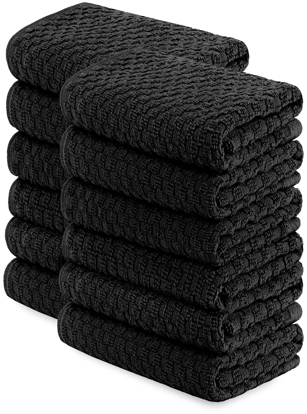 [12 Pack] Kitchen Dish Hand Towels, 100% Cotton Dobby Weave, 410GSM Absorbent Terry Cleaning Cloth, 15x26, Black