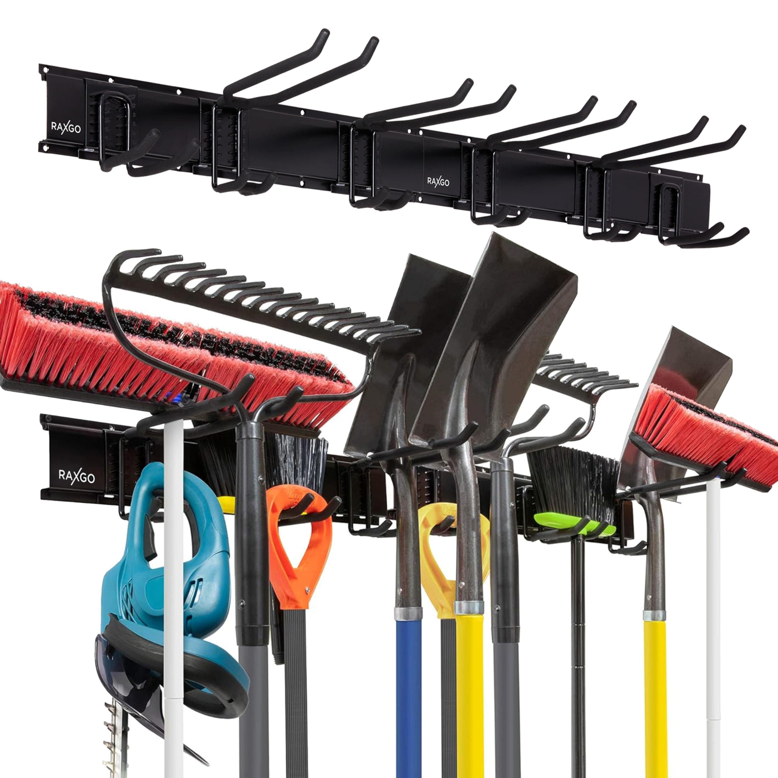 Tool Storage Rack, 8 Piece Garage Organizer, Metal, Wall mounted, Holder for Broom, Mop, Rake Shovel & Tools!