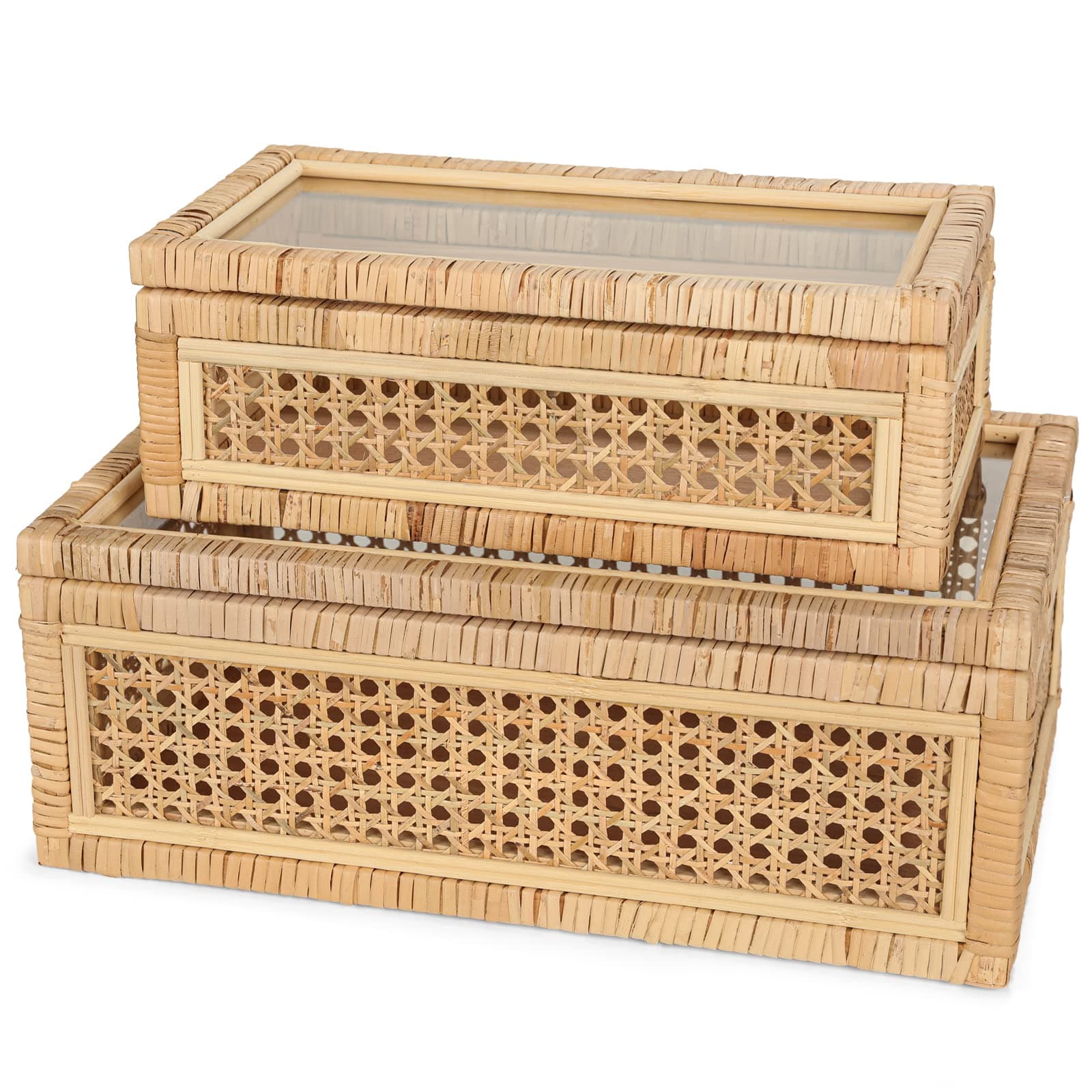 Large Handwoven Boho Rattan Display Boxes with Glass Lids - Set of 2 Rectangular Decorative Storage Bins - Natural Woven Cane Home Decor Organizers (15.55" x 9.64" x 5.9" & 12.48" x 6.88" x 4.52")