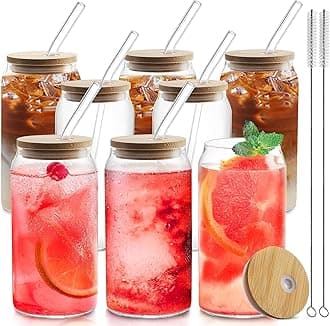 HOMBERKING Glass Cups with Bamboo Lids and Straws 8pcs Set, 20oz Cups, Beer Glasses, Iced Coffee Cups, Cute Tumbler with 2 Cleaning Brushes, Ideal for Cocktail, Whiskey, Tea, Gift