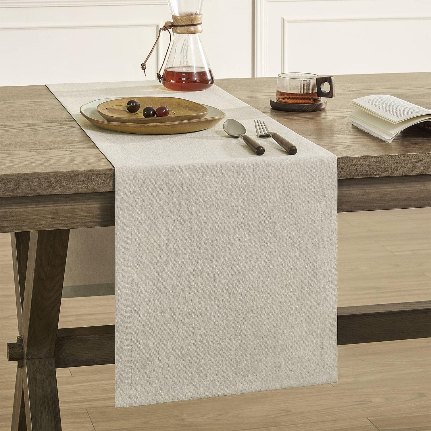 Basic Linen Style Table Runner, 14 x 72 Inch Raw Linen, Rustic Farmhouse Light Beige Table Runners 72 Inches Long, Everyday Polyester Table Runner - Machine Washable & Easy Care