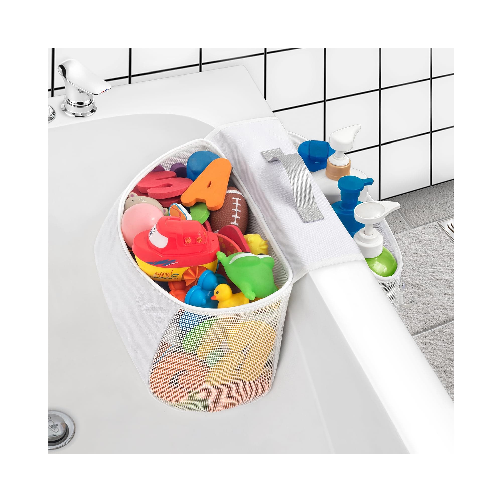 Saddle shape 2 Compartments Bath Toy Organizer, Easy Access for Children, Wide Opening Bath Toy Holder for Drying Toys and Storage, Mesh Shower Toy Holder and Bath Tub Toy Storage Organizer for Tub.