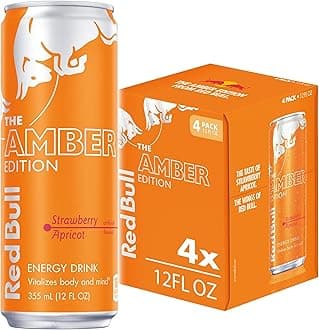 Amber Edition Energy Drink, Strawberry Apricot, with 114mg Caffeine plus Taurine & B Vitamins, 12 fl oz, Pack of 4 Cans