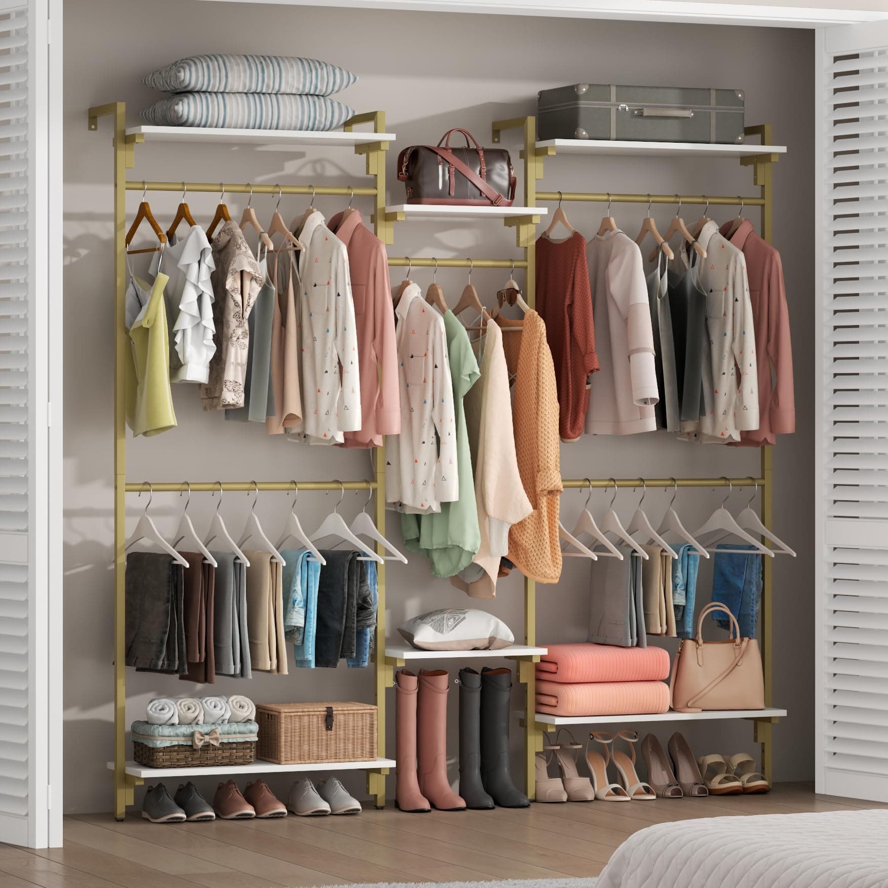 Auromie Gold Wall Mounted Clothing Rack with 5 Hanging Rods, Clothes Rack with Adjustable Shelves, Closet Storage Organizer System Kit, Heavy Duty Garment Rack with Metal Frames (80.71" L*78.74" H)