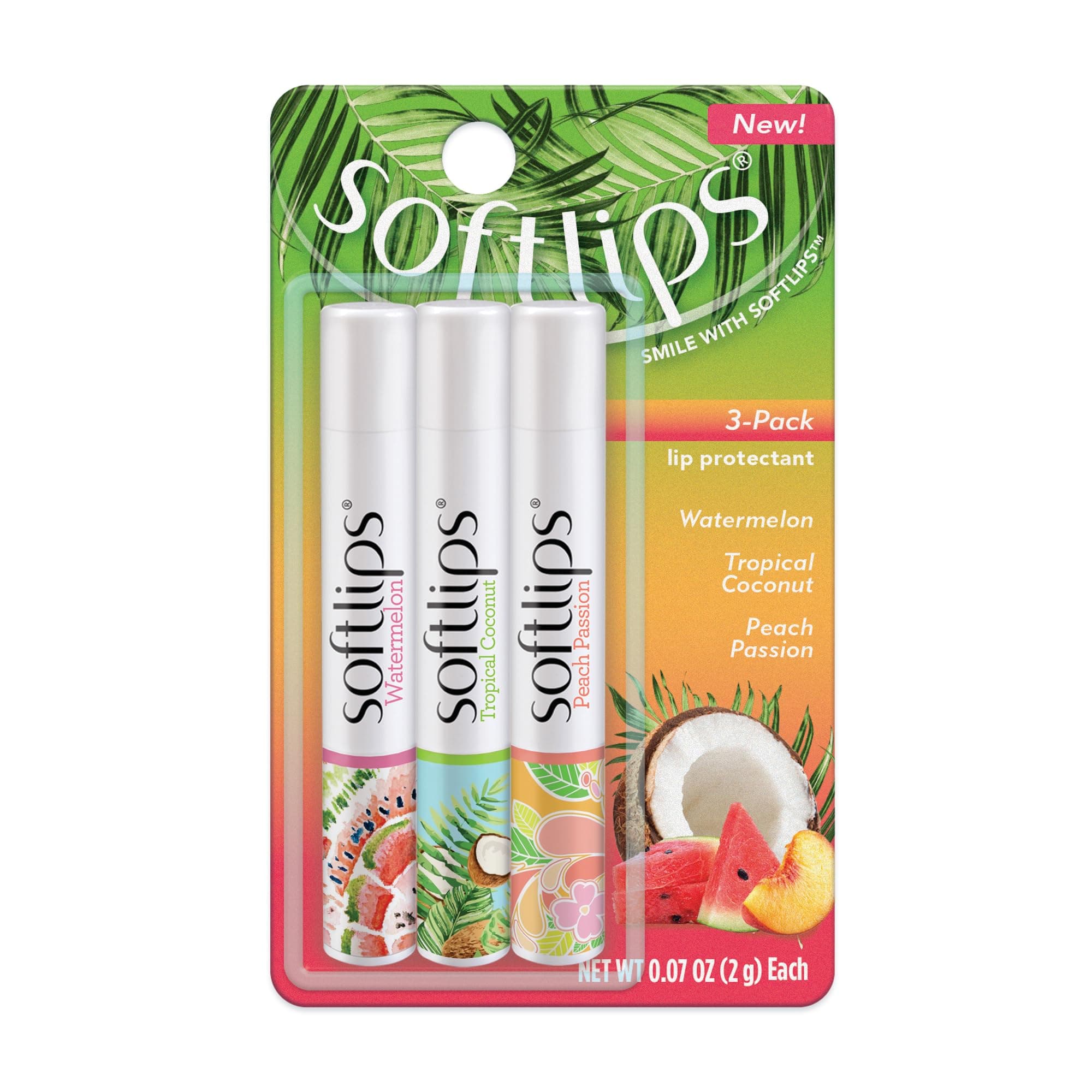Spring Tropical Lip Balms 3-Pack - Hydrating Lip Care Set with Watermelon, Tropical Coconut, and Peach Passion Flavors