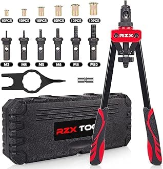 RZX 14" Rivet Nut Tool, Hand Riveter Gun Blind Rivet nut ，Insert rivnut Rivet Setter Kit with M3 M4 M5 M6 M8 M10 Metric 6 Mandrels and 60pcs Rivnuts, Labor-Saving Design, with Rugged Carrying Case