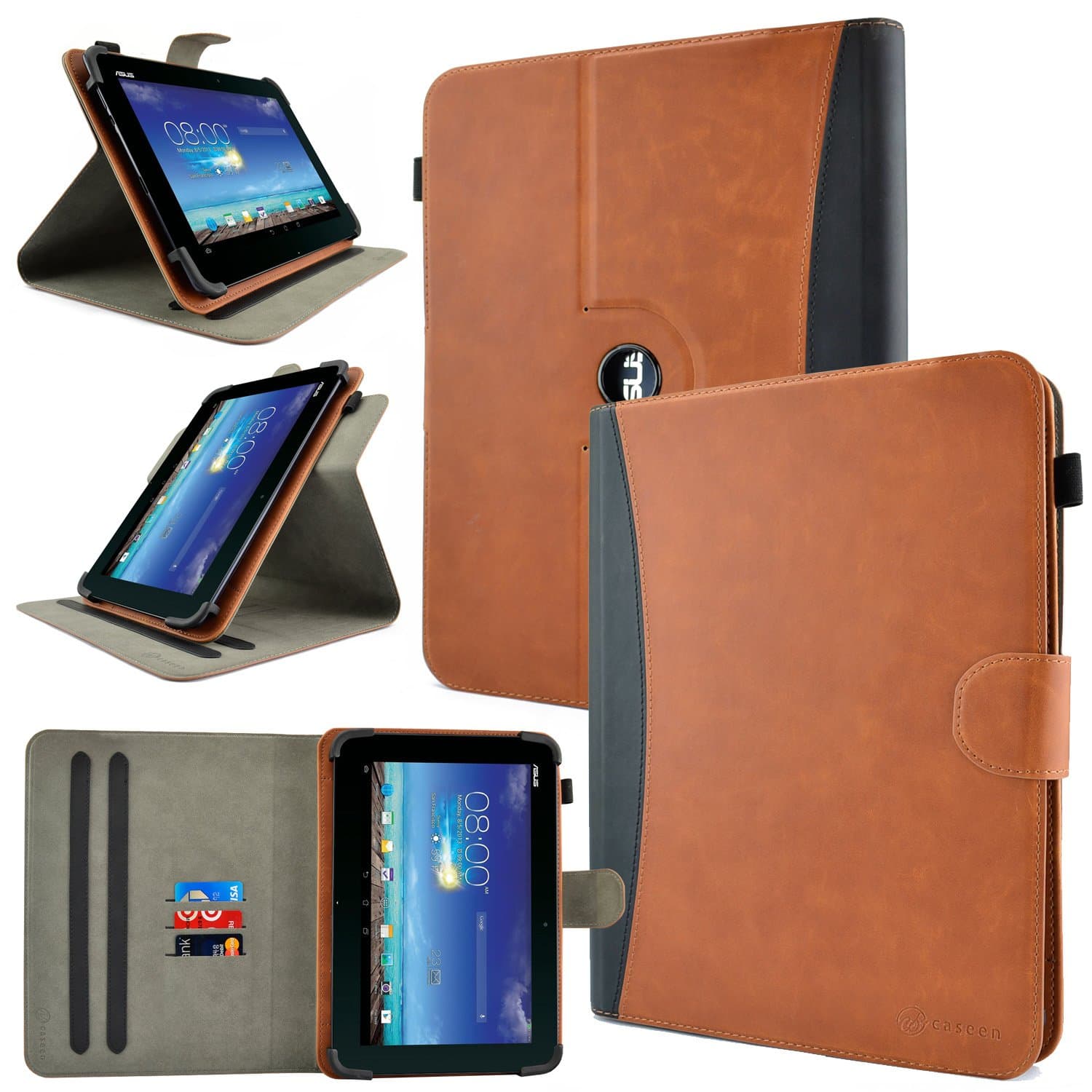 caseen Universal Tablet Wallet Case 8.9-10.1 Inch (Brown/Black) *New Version Indestructible TPU Clip* [Rotating Multi-Angle Stand] - Terra Wallet 360