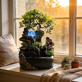 11.81in Tabletop Waterfall Bonsai Desktop Rockery Fountain Indoor Mini Rockery Water Fountain with Automatic Pump and LED Light, Home Office Bedroom Humidifier Desk Decorater（No Atomizer）