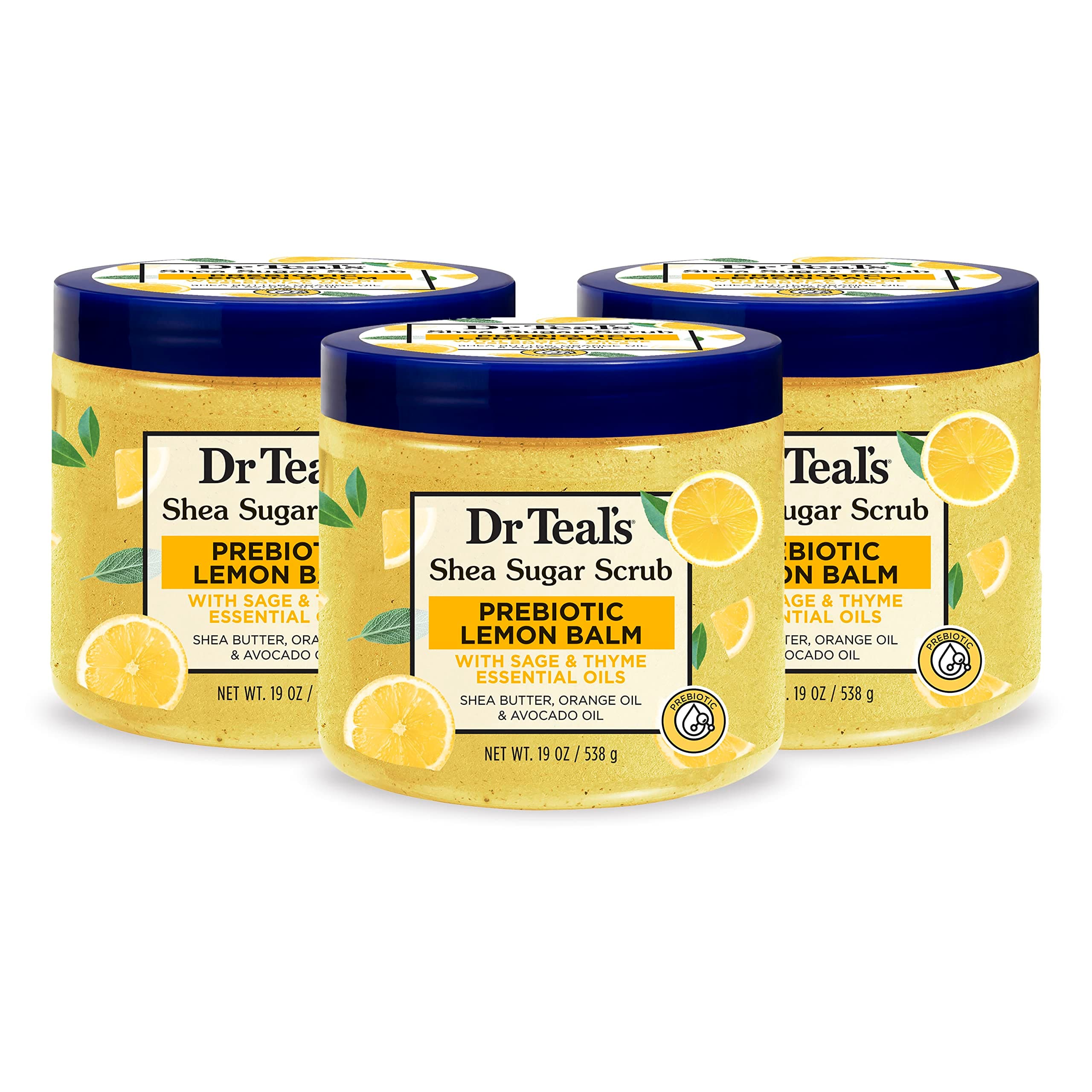 Dr Teal's Shea Sugar Scrub, Prebiotic Lemon Balm, 19 oz (Pack of 3)