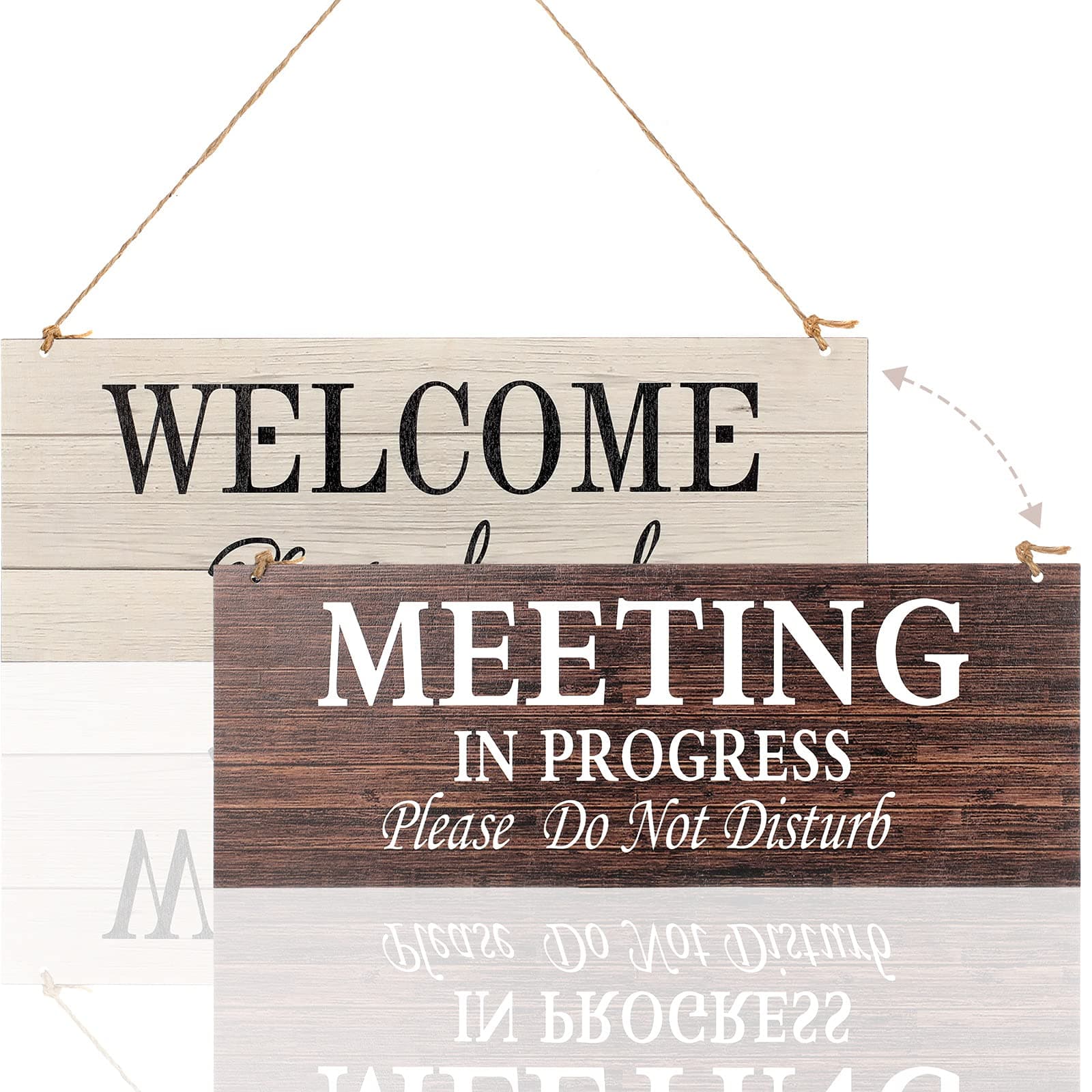 Jetec 1 Piece Double-side Meeting In Progress Please Do Not Disturb, Welcome Knock Hanging Wooden Sign Plaque, a for Office Door Room Home Study, 16 x 15.24 cm (Brown and White)