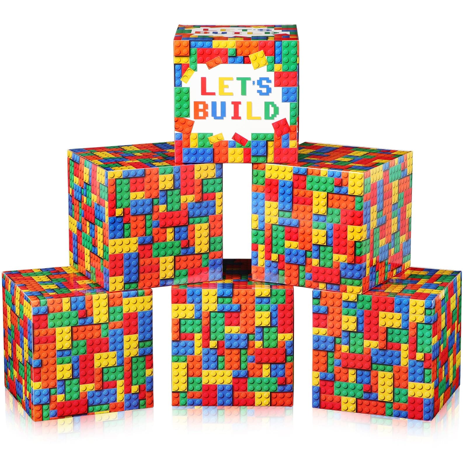 6 Pcs Large Building Block Party Decorations Boxes, 12 Inch Brick Theme Cardboard Box Backdrop Props Boxes for Building Block Birthday Party Decorations