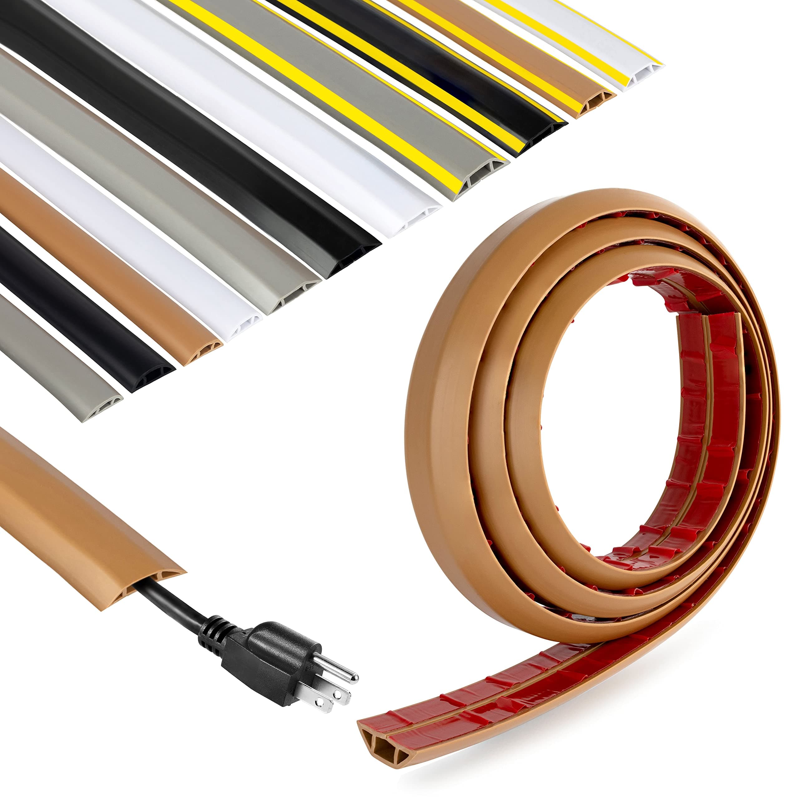 Rubber Bond Cord Cover Floor Cable Protector - Strong Self Adhesive Floor Cord Covers for Wires - Low Profile Extension Cord Covers for Floor & Wall - Brown - Thick Cord - 8 Feet