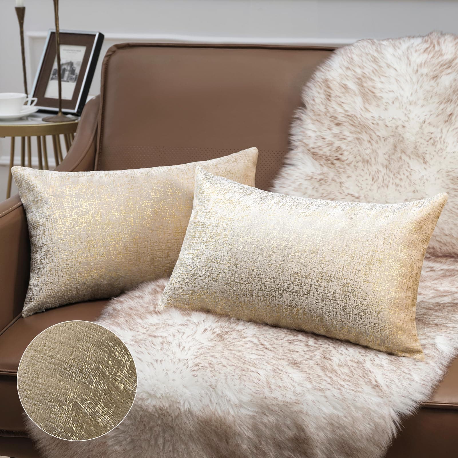 Phantoscope Pack of 2 Sparkling Velvet Decorative Solid Throw Decorative Pillow Cover Soft Gold Glitter Square Cushion Cover Pillowcase for Couch Bed and Chair, Beige, 12 x 20 inches, 30 x 50 cm