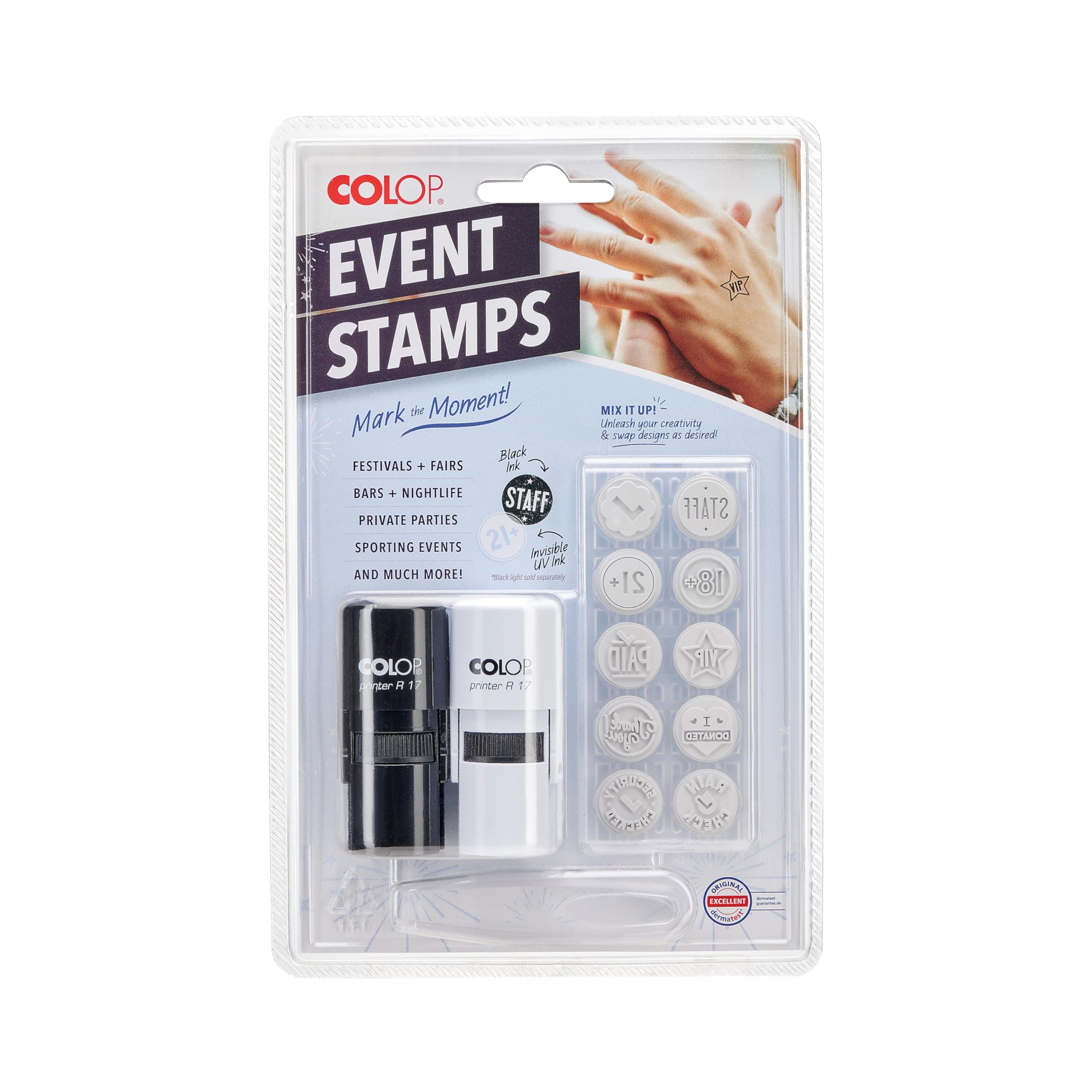 COLOP Printer R17 Event Hand Stamp Set with UV Ink, Special Event Supplies, Multiple Designs, Self-Inking, 10 Designs, 2 Stamps, Perfect for Festivals, Concerts, Bars