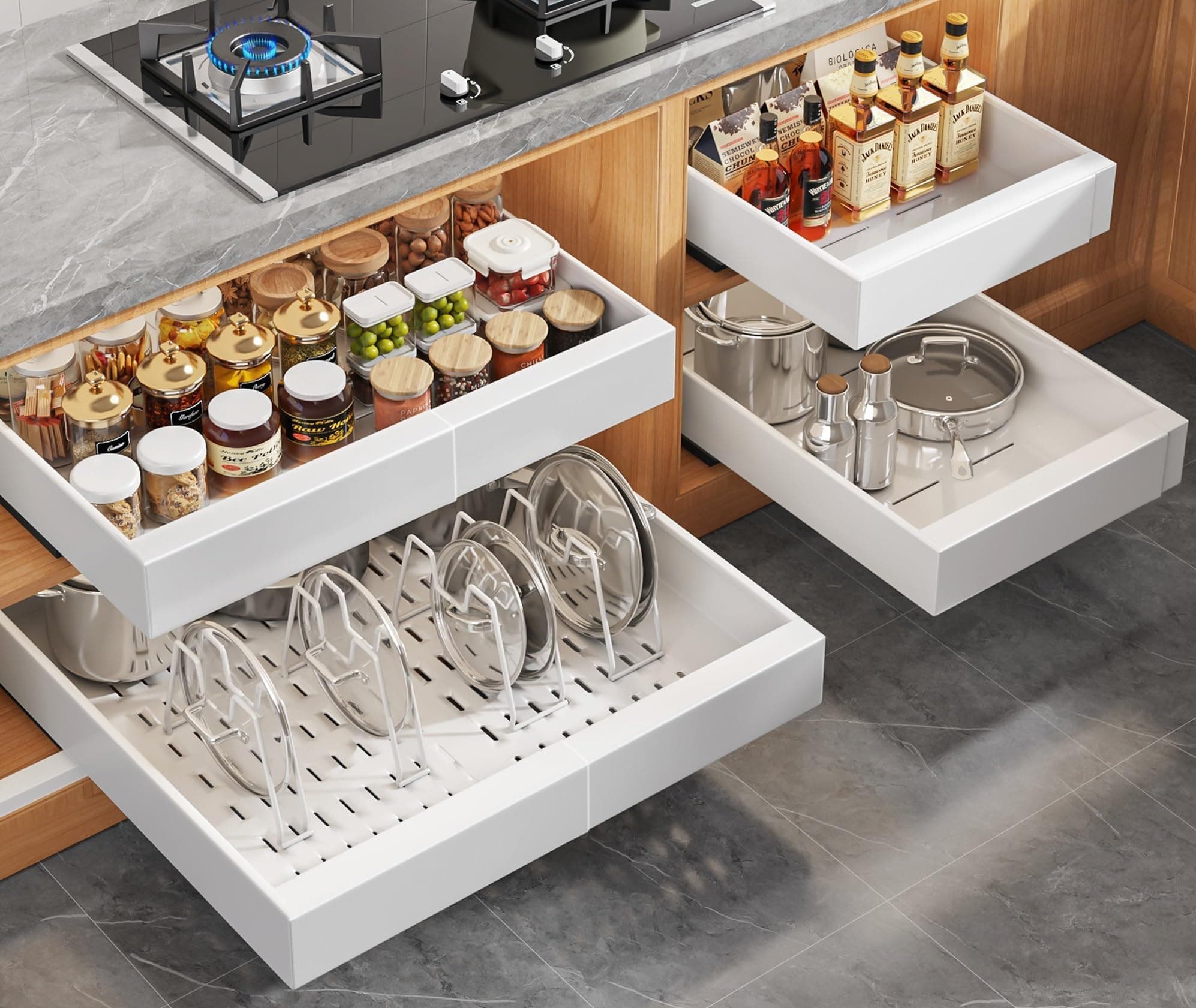 4Pack Expandable Pull Out Cabinet Organizer 21"Deep with Raising Pad for Framed Cabinets,Slide Out Drawers with 4pcs Divider Racks,Roll Out Shelves Adhesive,Adjustable Width 12.05"-20.4"White