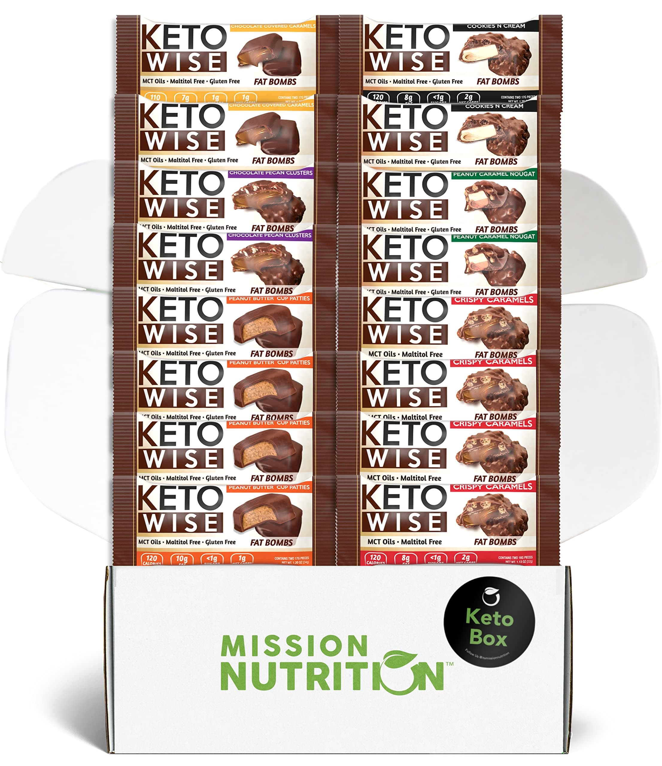 Keto Wise Fat Bombs - Low Carb (1-2g Net), No Added Sugar - Mission Nutrition Variety Box (16 Count)