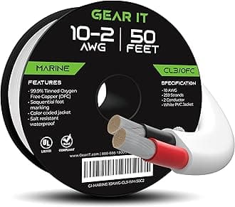 GearIT 10/2 Marine Wire (50 Feet) 10AWG Gauge - Tinned OFC Copper/Marine Grade Speaker Cable/Duplex / 2 Conductors - OFC Oxygen-Free Copper, White 50ft