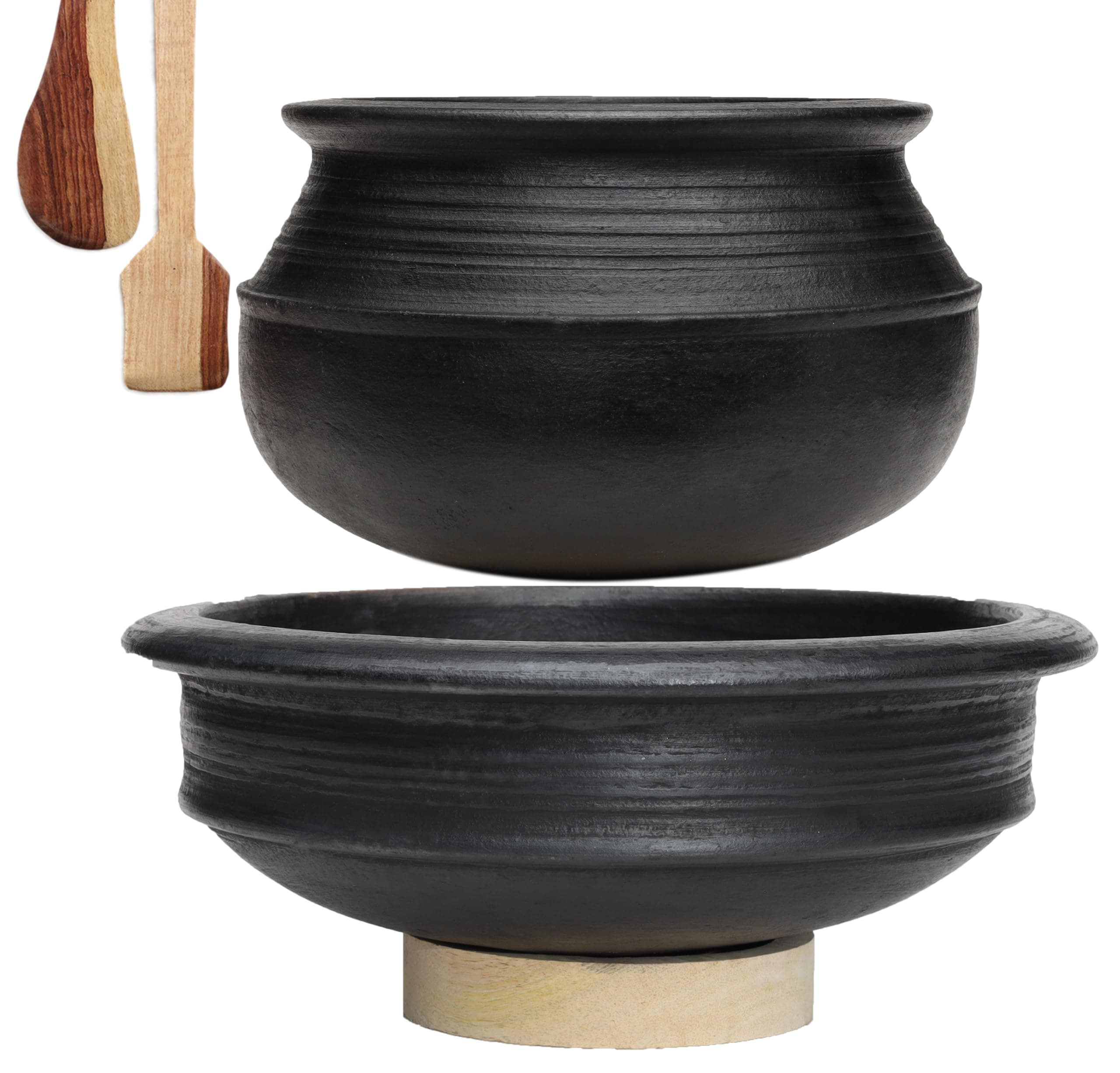Deep Burned Clay Handi/Pot For Cooking And Serving Combo 1 & 2 Liter, Black,Uncoated