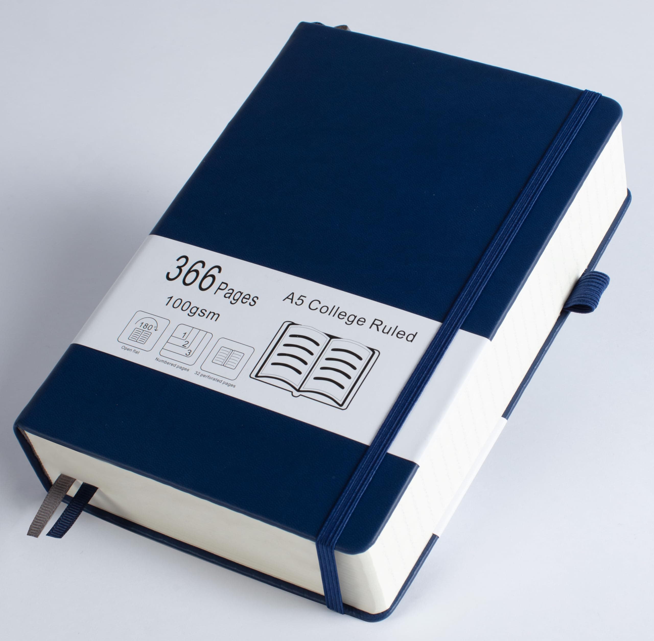 Thick College Ruled Notebook with 366 Numbered Pages, A5 Journal for Writing with 100GSM Lined Paper, Hardcover Leather Notebooks for Women Men School Note Taking Office Work Diary, 5.7"x8.3" Navy